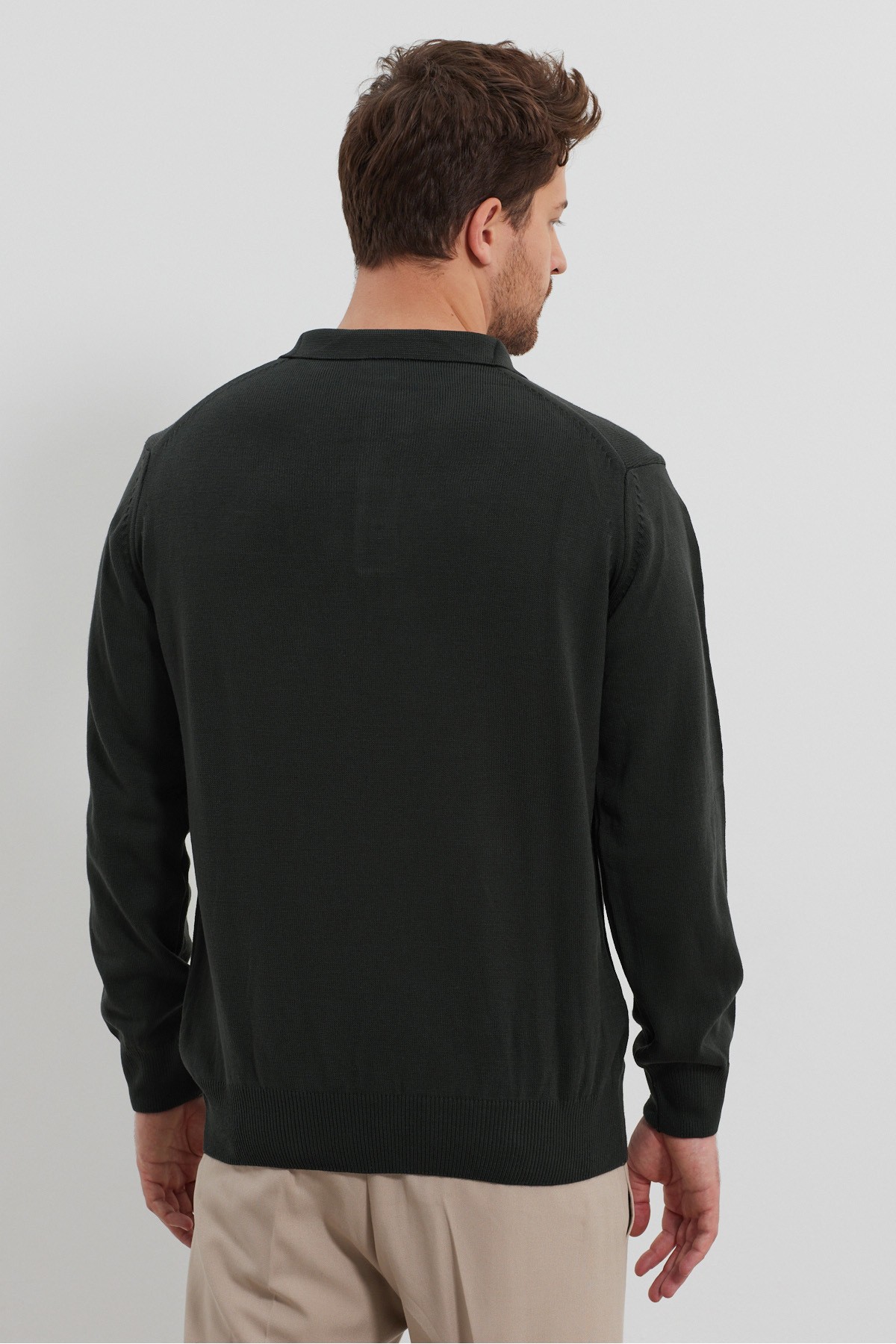 Men's Standard Fit Polo Neck Pocketed Knit Sweater - Dark Green