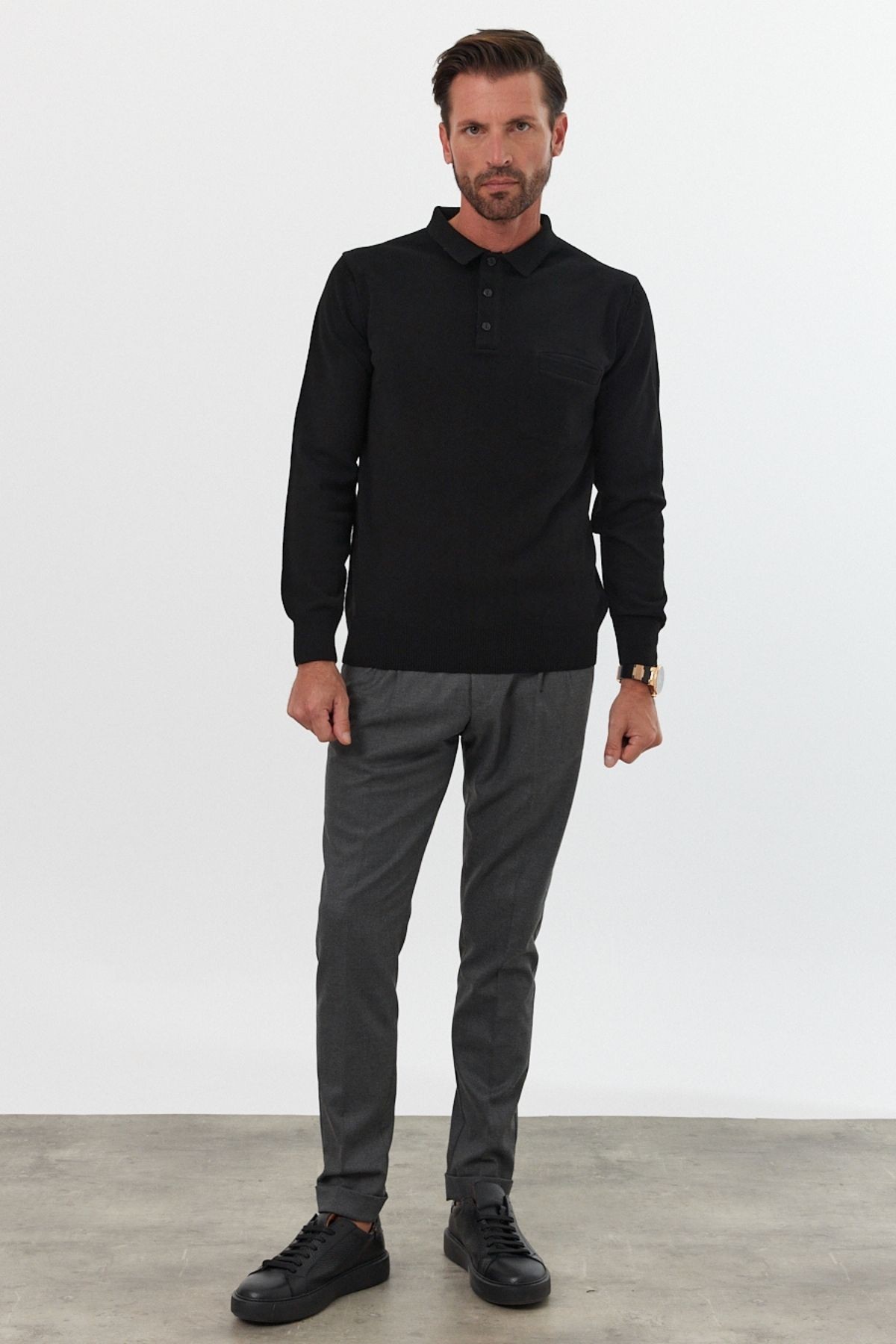 Men's Standard Fit Polo Neck Pocketed Knit Sweater - Black