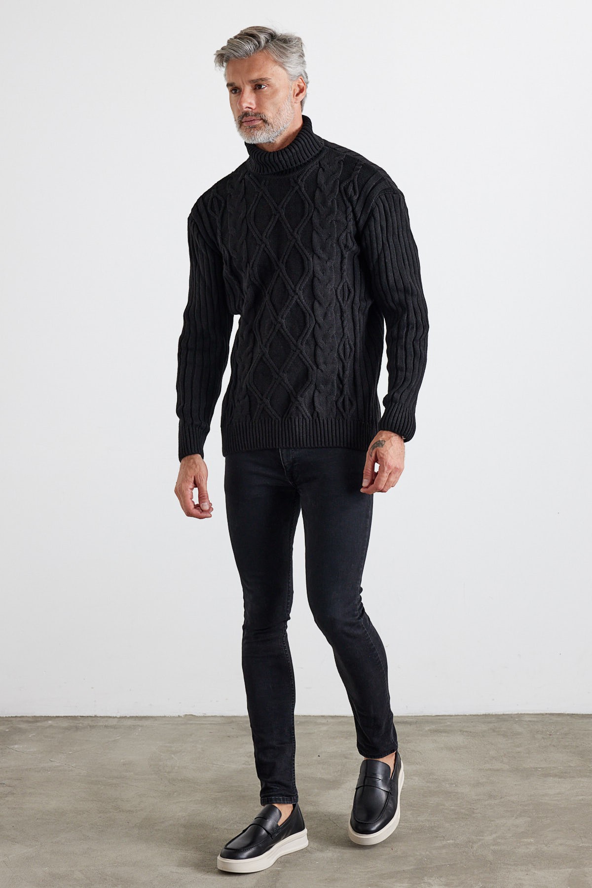 Men's Cable Knit Argyle Pattern Full Turtleneck Ribbed Thick Sweater - Black