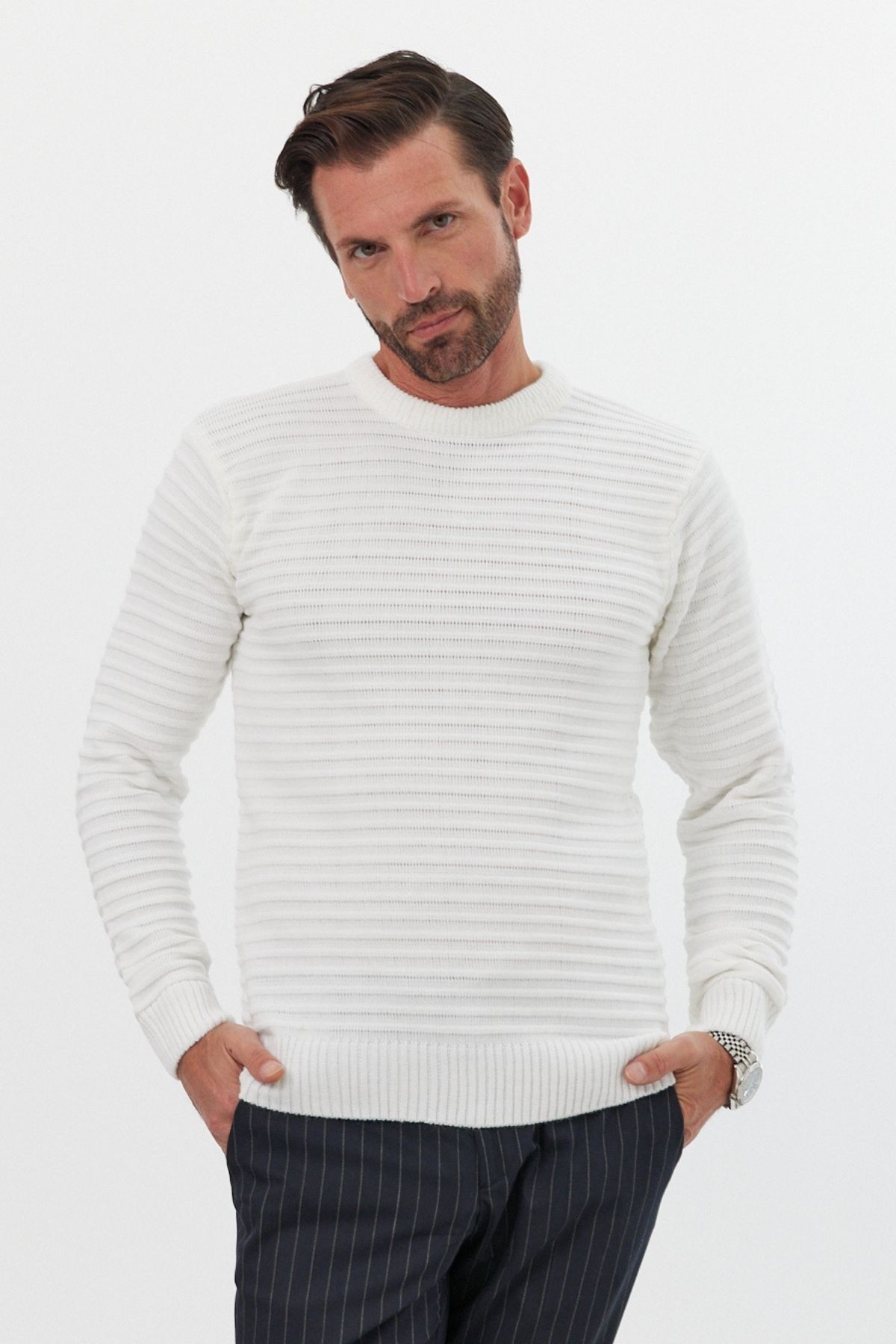 Men's Slim Fit Self-Striped Patterned Polo Neck Sweater