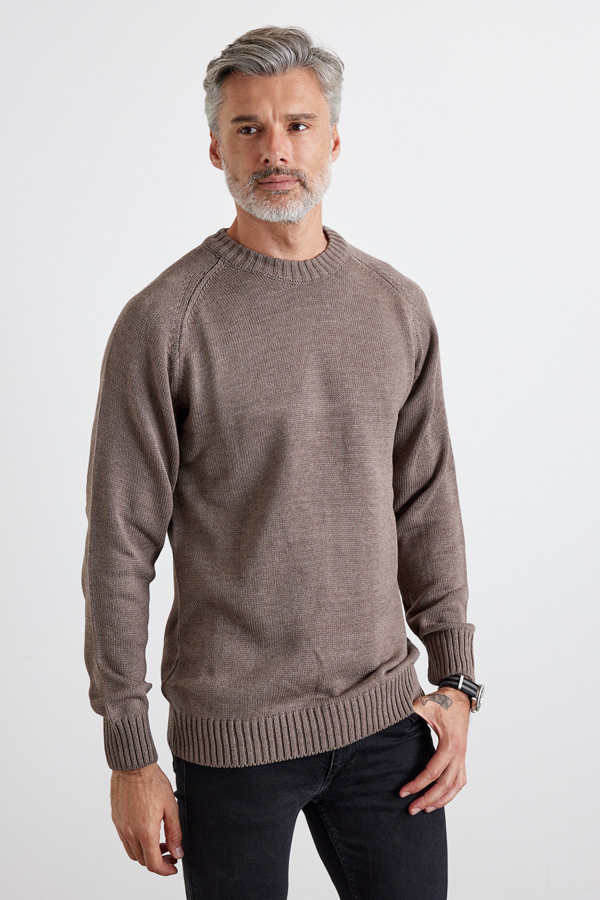 Men's Thick Crew Neck Italian Sleeve Knit Sweater