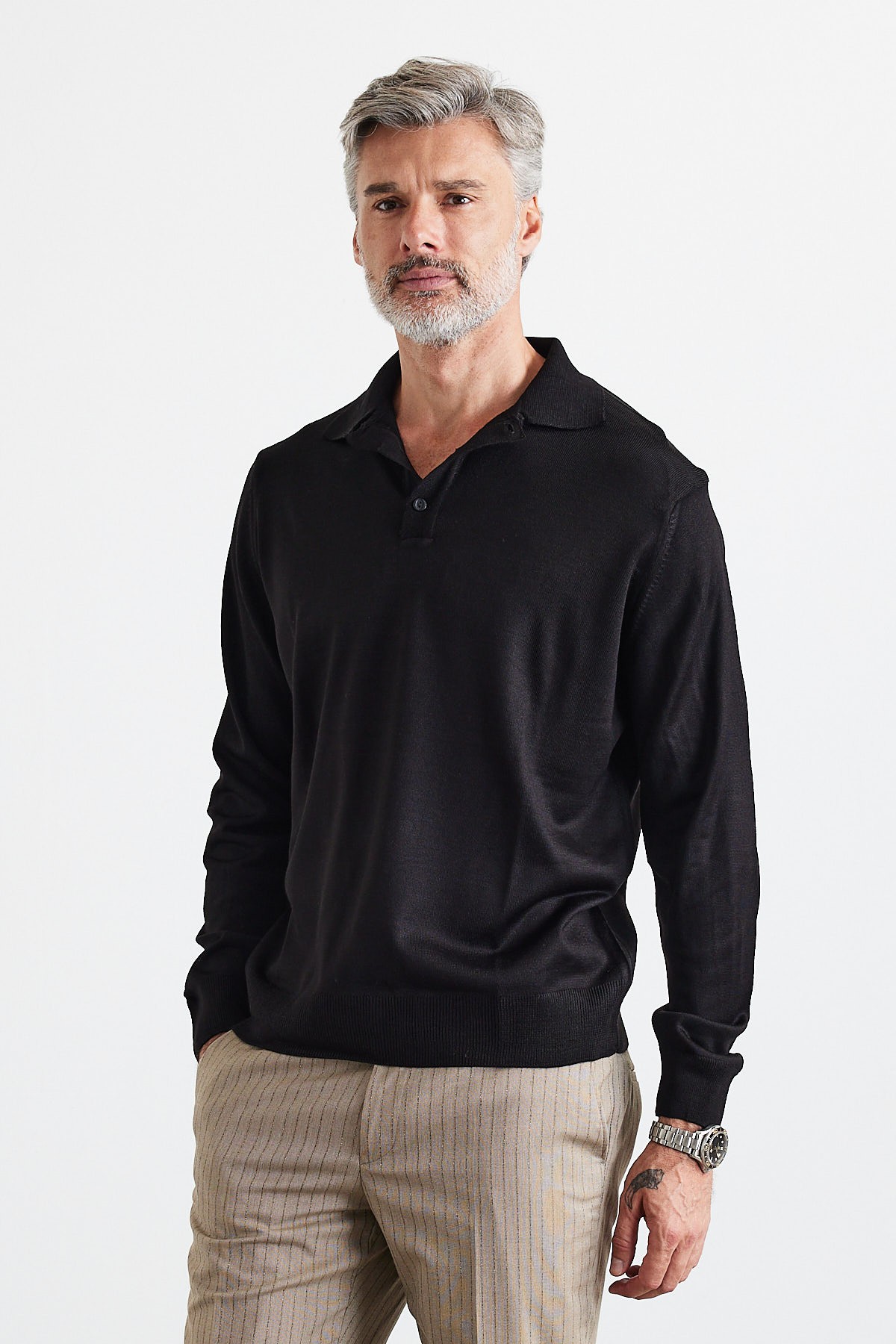 Men's Standard Fit Regular Cut Polo Collar Knit Sweater - Black