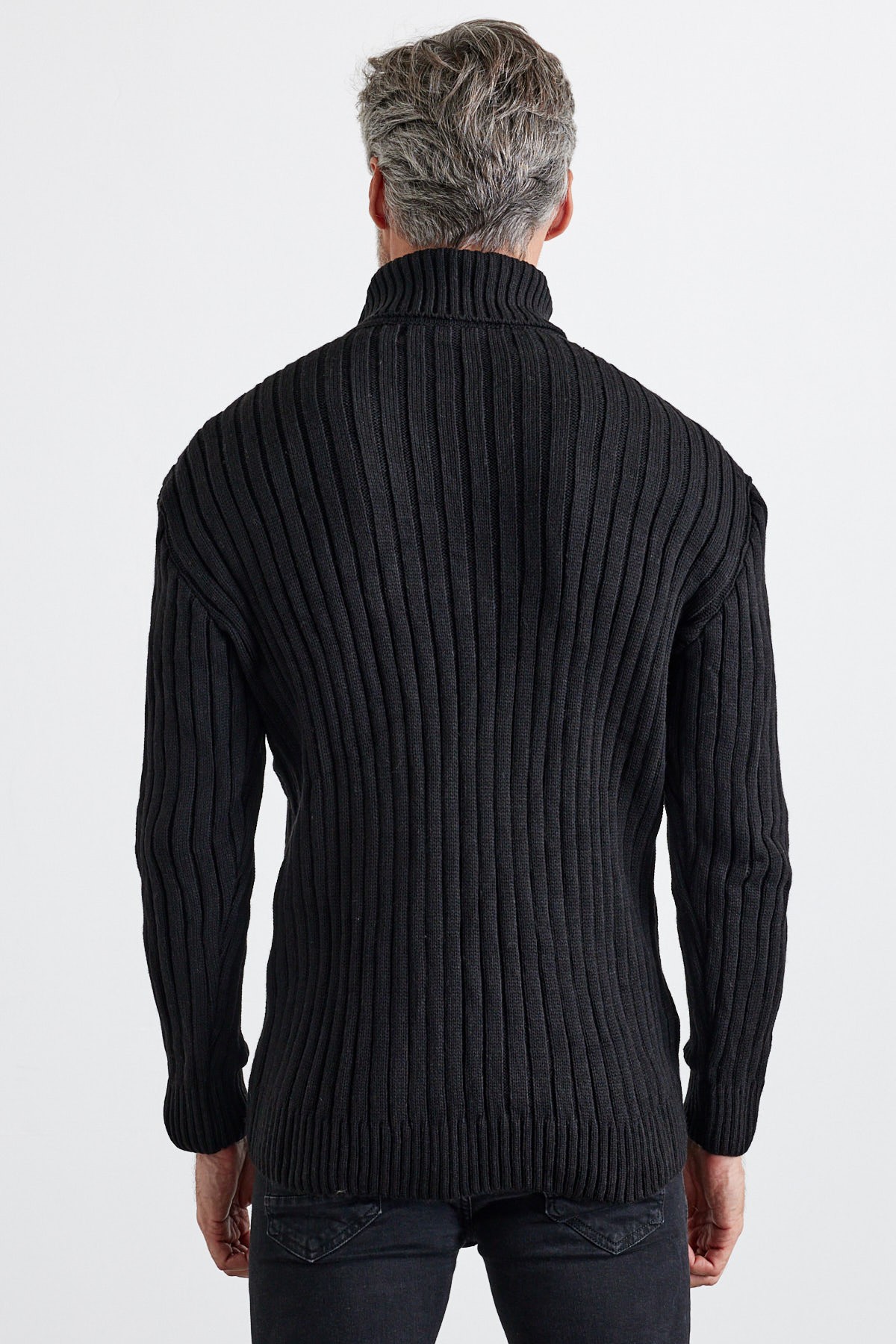 Men's Cable Knit Argyle Pattern Full Turtleneck Ribbed Thick Sweater - Black