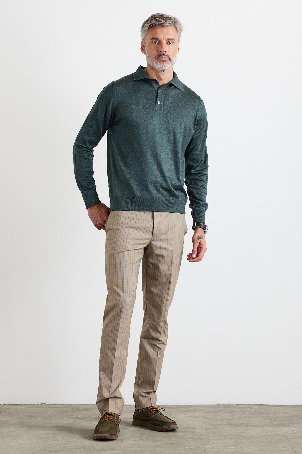 Men's Standard Fit Regular Cut Polo Collar Knit Sweater - Dark Green