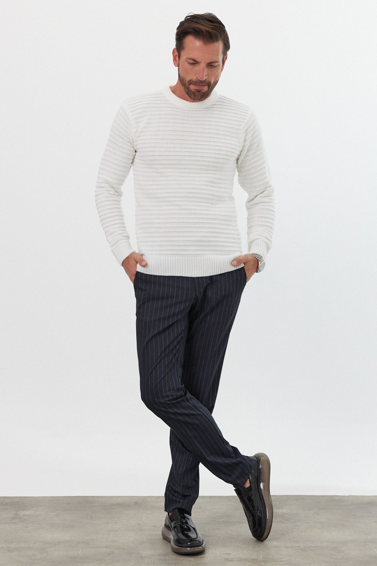 Men's Slim Fit Self-Striped Patterned Polo Neck Sweater