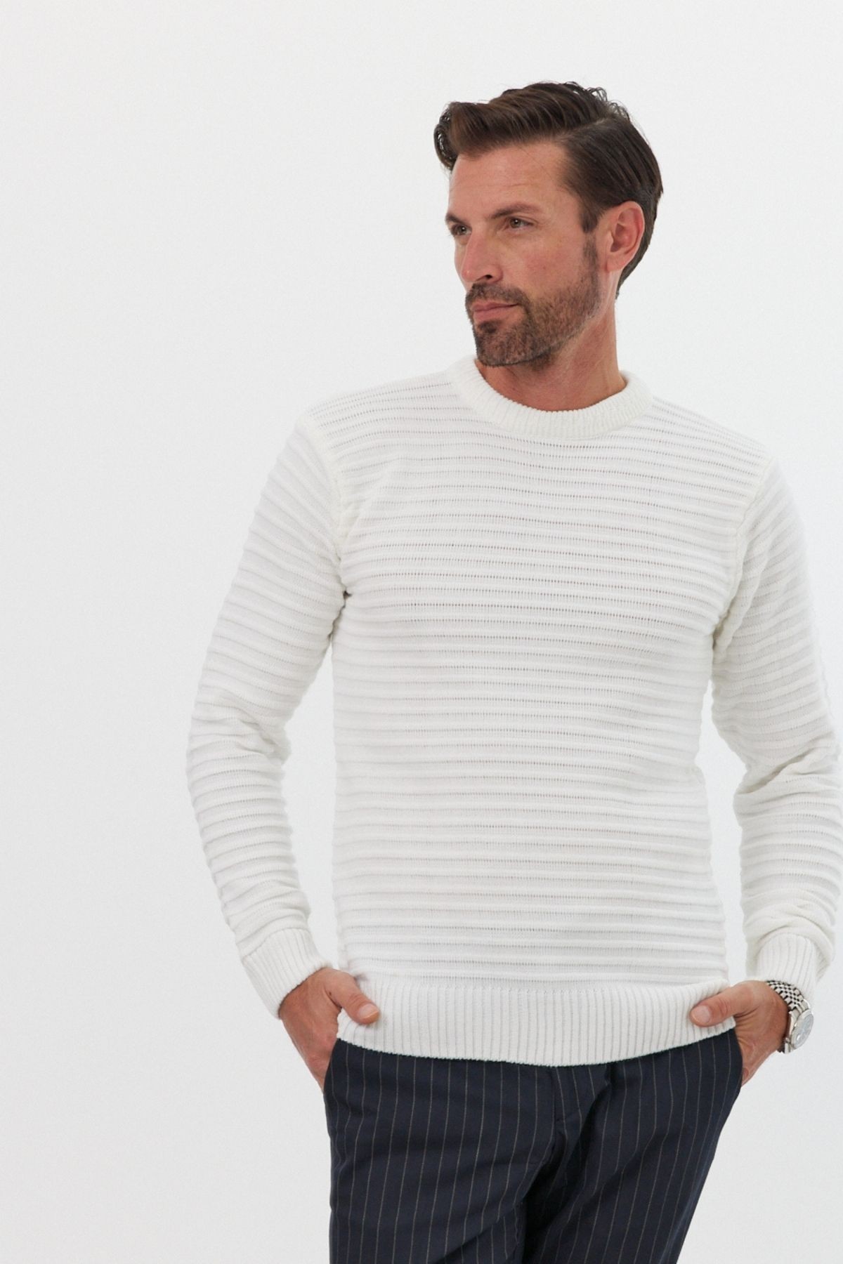 Men's Slim Fit Self-Striped Patterned Polo Neck Sweater