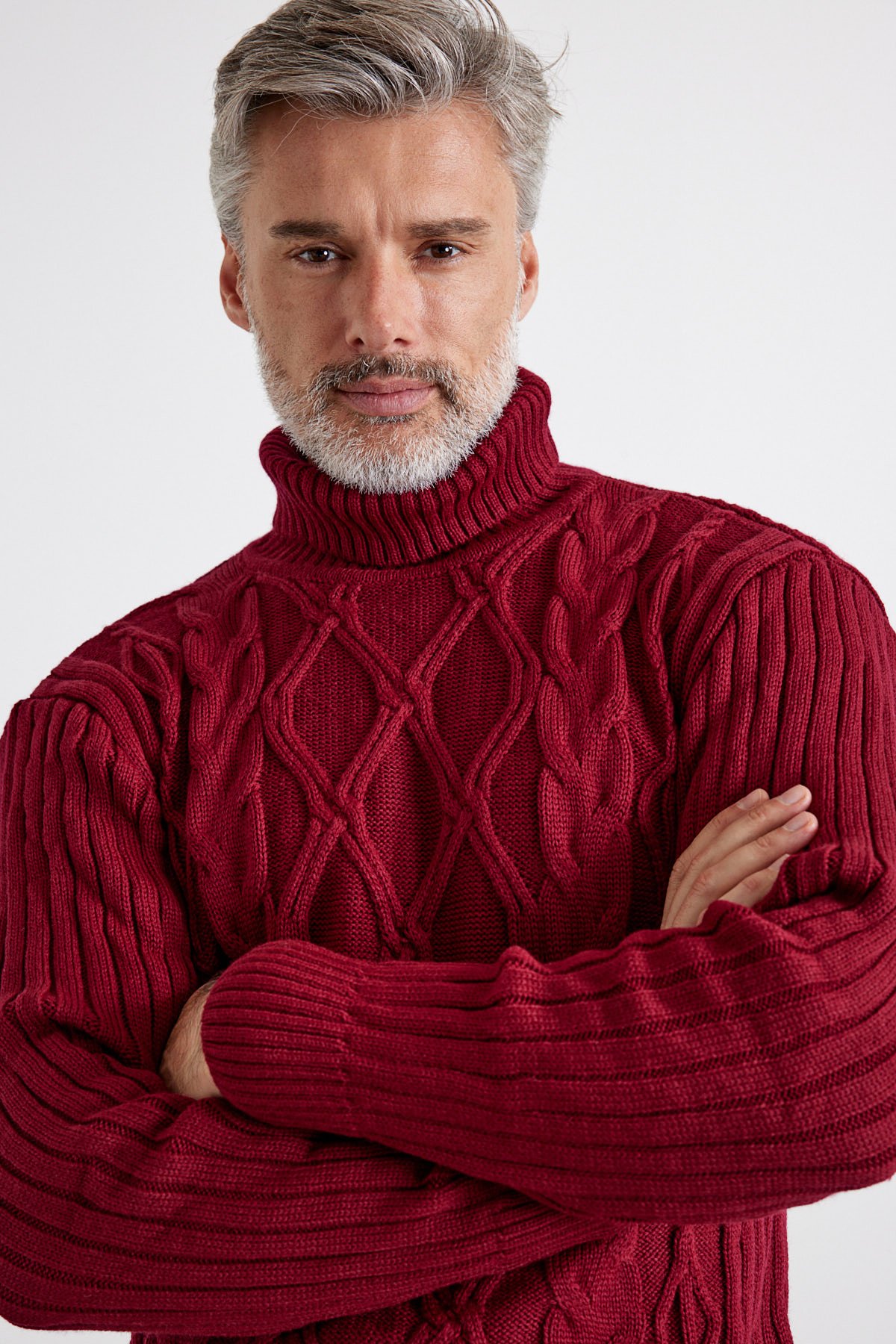 Men's Cable Knit Argyle Pattern Full Turtleneck Ribbed Thick Sweater - Maroon