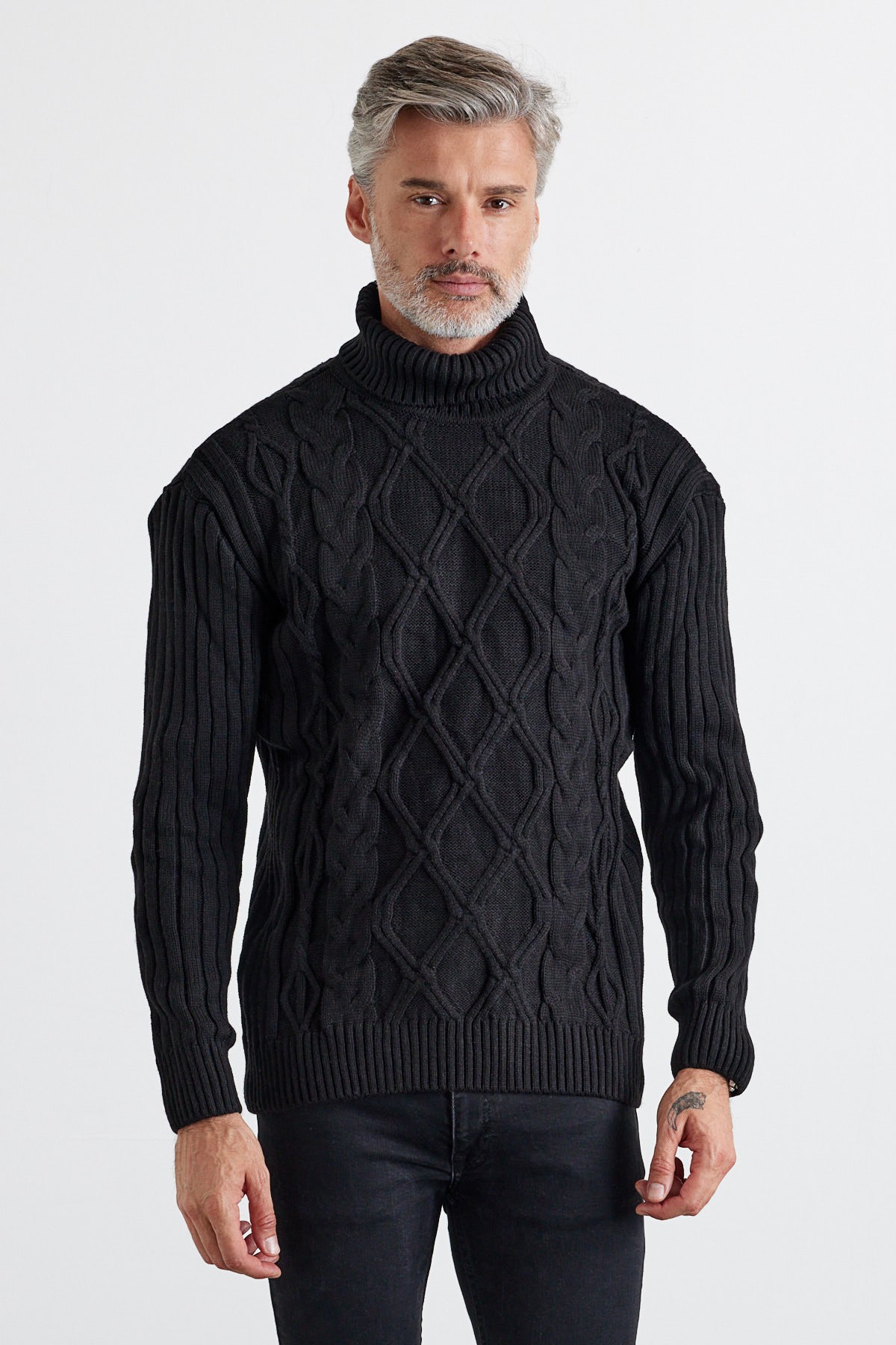 Men's Cable Knit Argyle Pattern Full Turtleneck Ribbed Thick Sweater - Black