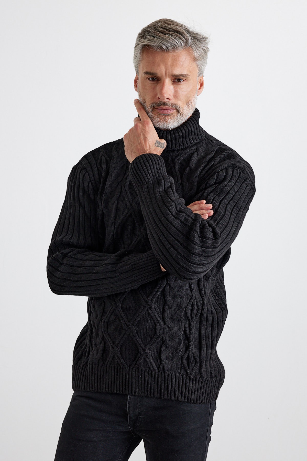 Men's Cable Knit Argyle Pattern Full Turtleneck Ribbed Thick Sweater - Black