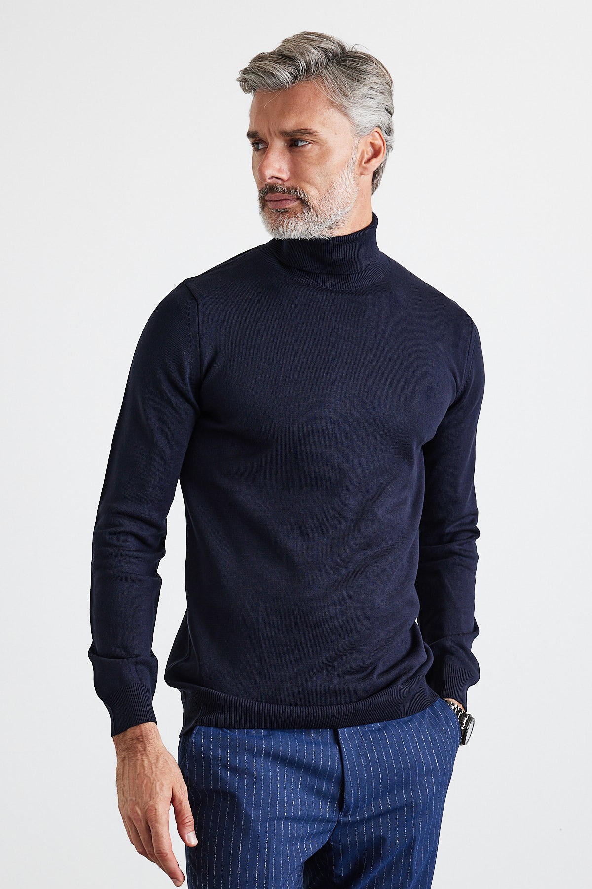 Men's Slim Fit Tight Cut Fisherman Neck Sweater - Navy blue