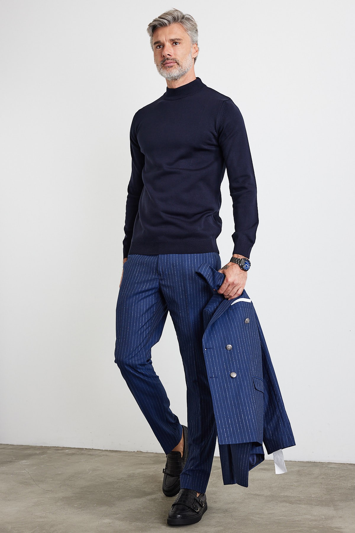 Men's Slim Fit Narrow Cut Half Fisherman's Collar Turtleneck Sweater - Navy blue