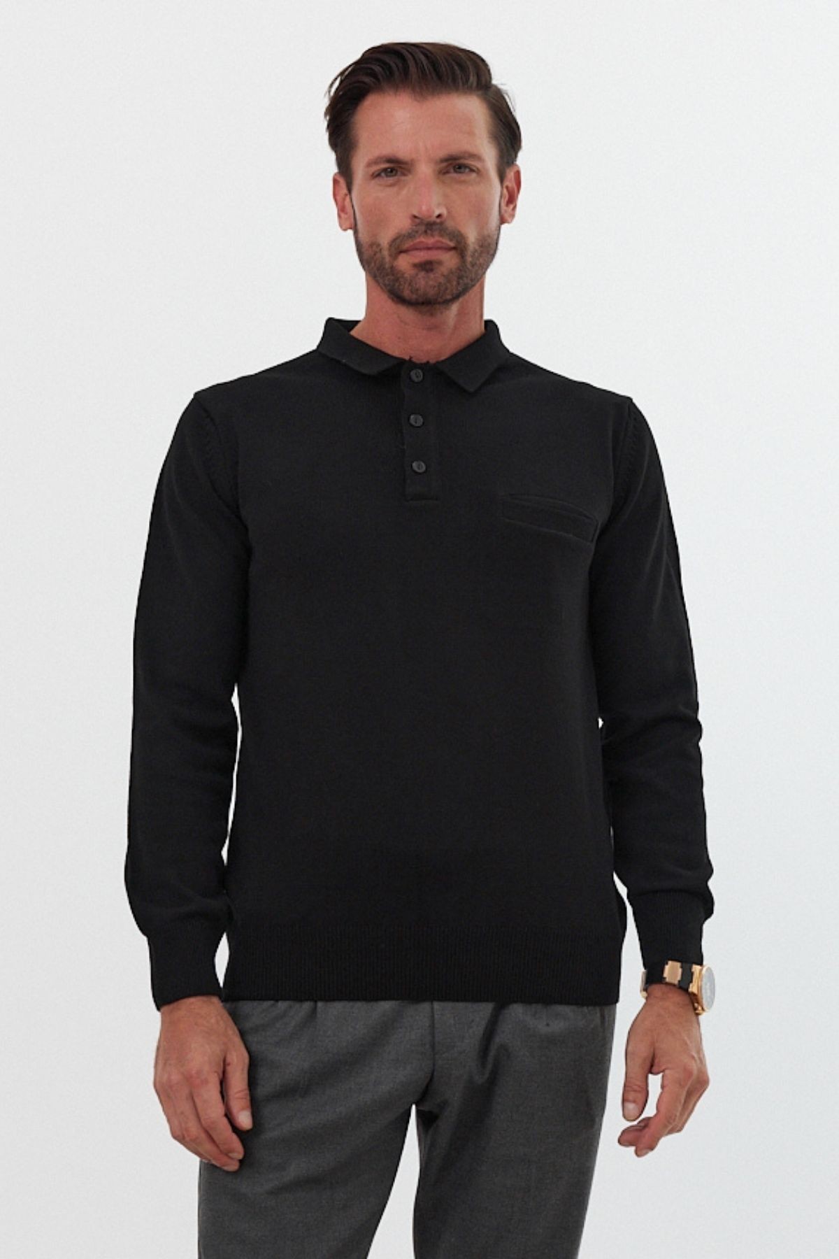 Men's Standard Fit Polo Neck Pocketed Knit Sweater - Black