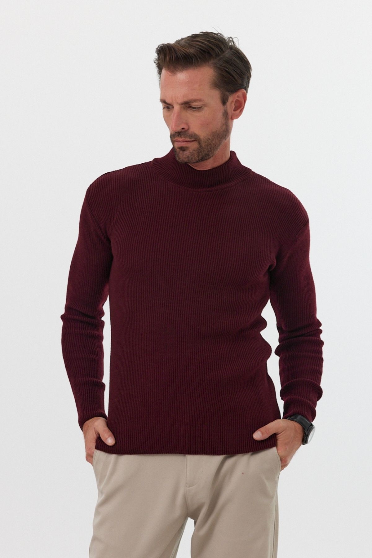 Erkek Yarım Boğazlı Balıkçı Yaka Slim Fit Triko Kazak - Bordo