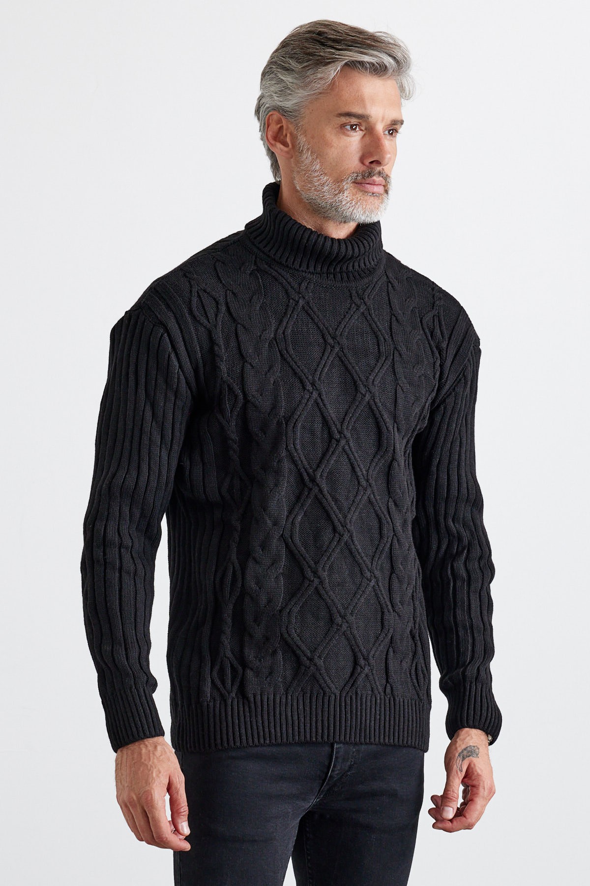 Men's Cable Knit Argyle Pattern Full Turtleneck Ribbed Thick Sweater - Black