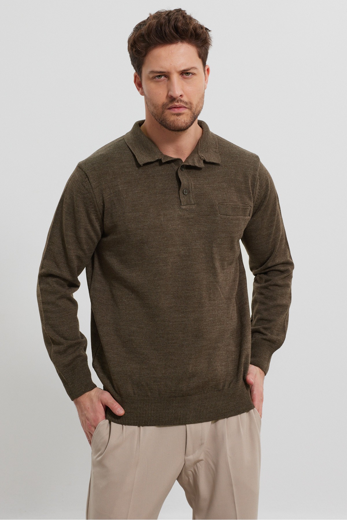 Men's Standard Fit Polo Neck Pocketed Knit Sweater - Mink