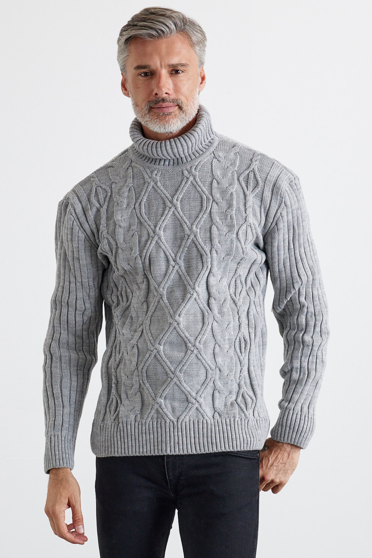 Men's Cable Knit Argyle Pattern Full Turtleneck Ribbed Thick Sweater - Medium Gray