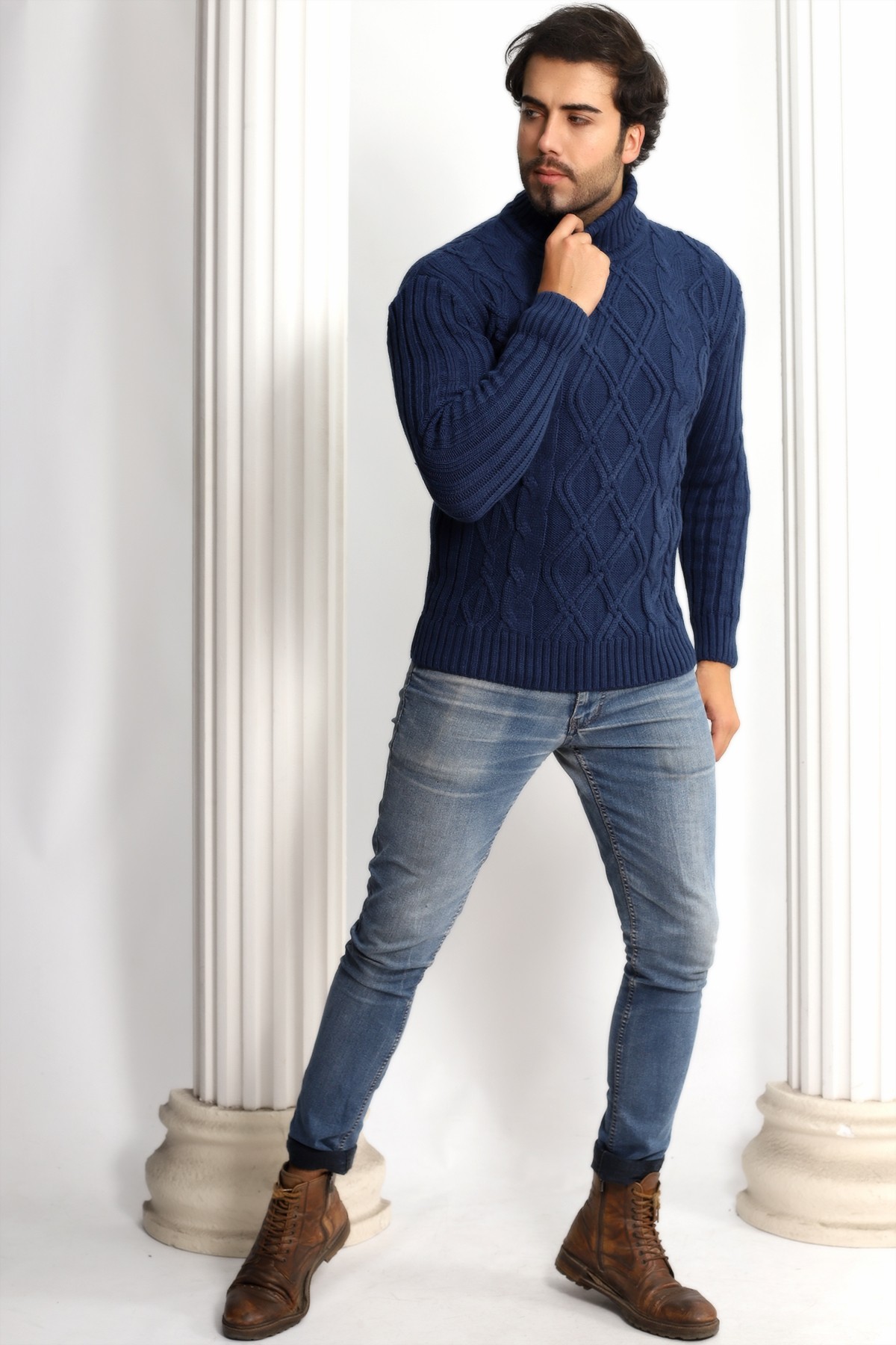 Men's Cable Knit Argyle Pattern Full Turtleneck Ribbed Thick Sweater - Navy blue