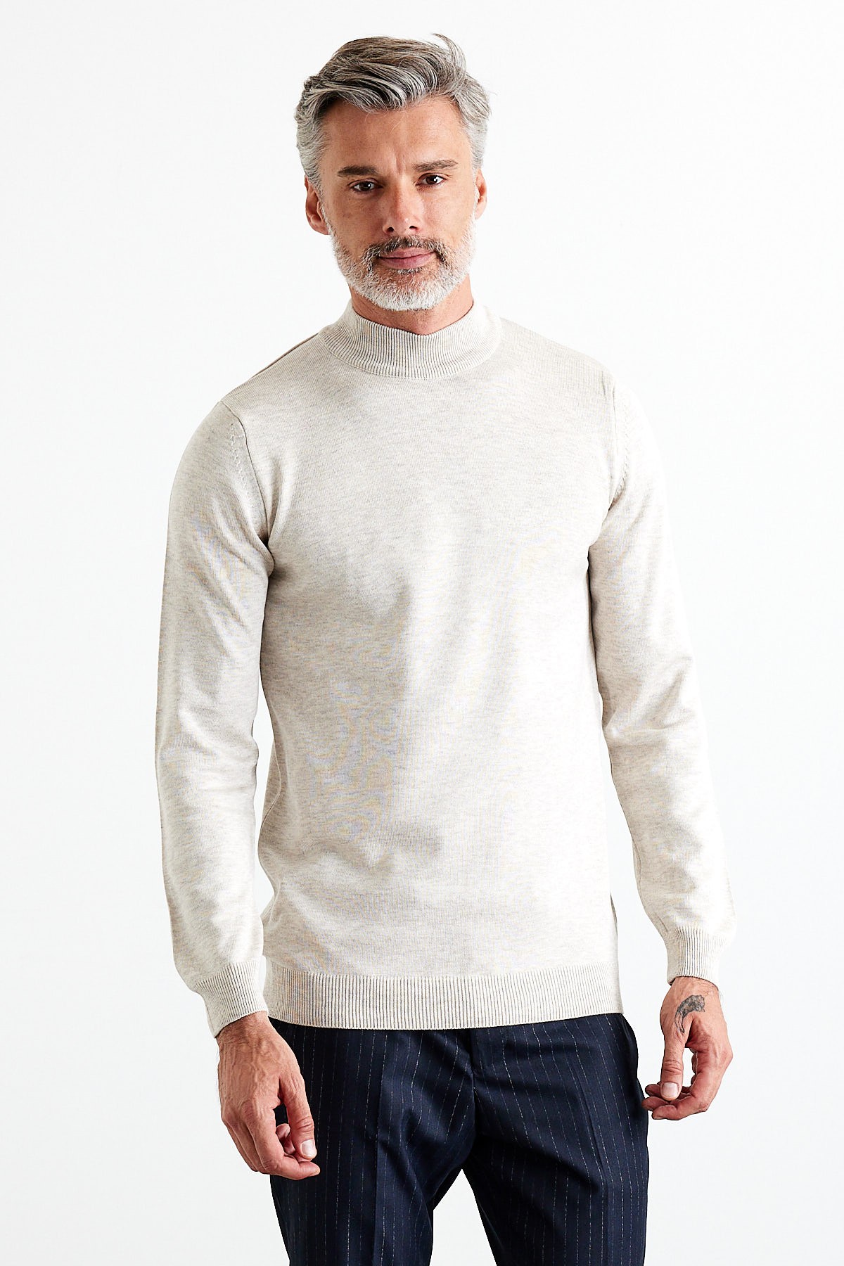 Men's Slim Fit Narrow Cut Half Fisherman's Collar Turtleneck Sweater - Beige