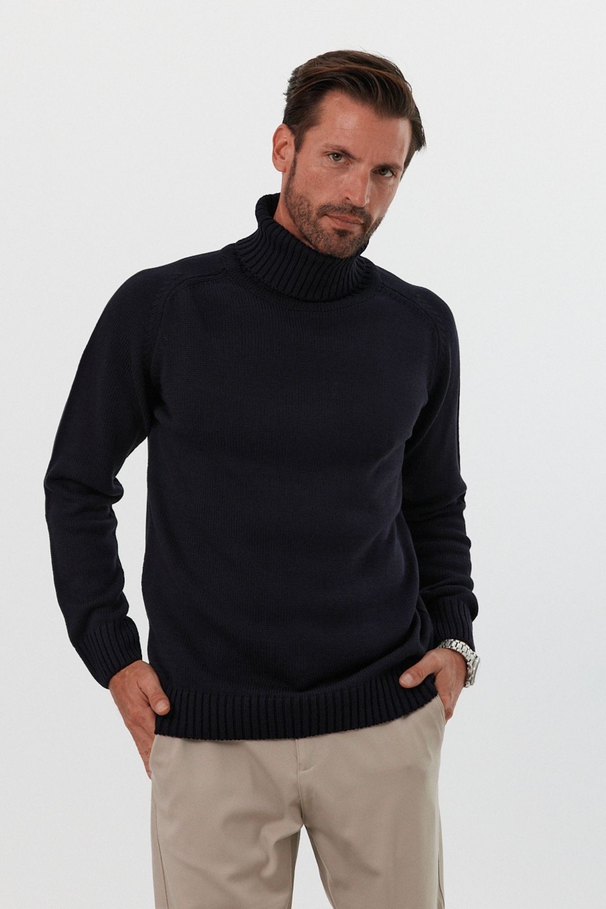 Men's Full Fisherman Thick Italian Sleeve Sweater - Navy blue