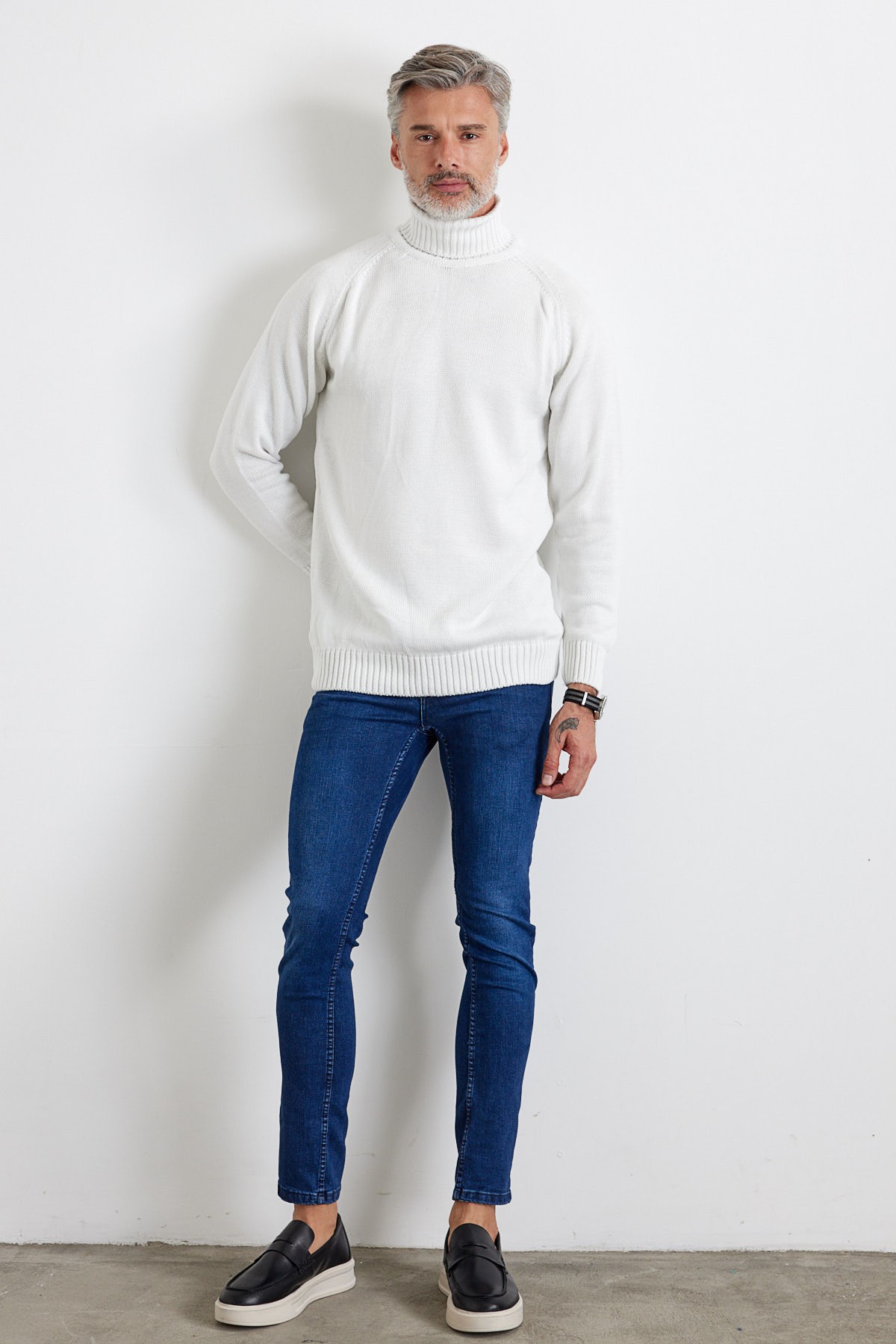 Men's Full Fisherman Thick Italian Sleeve Sweater - White