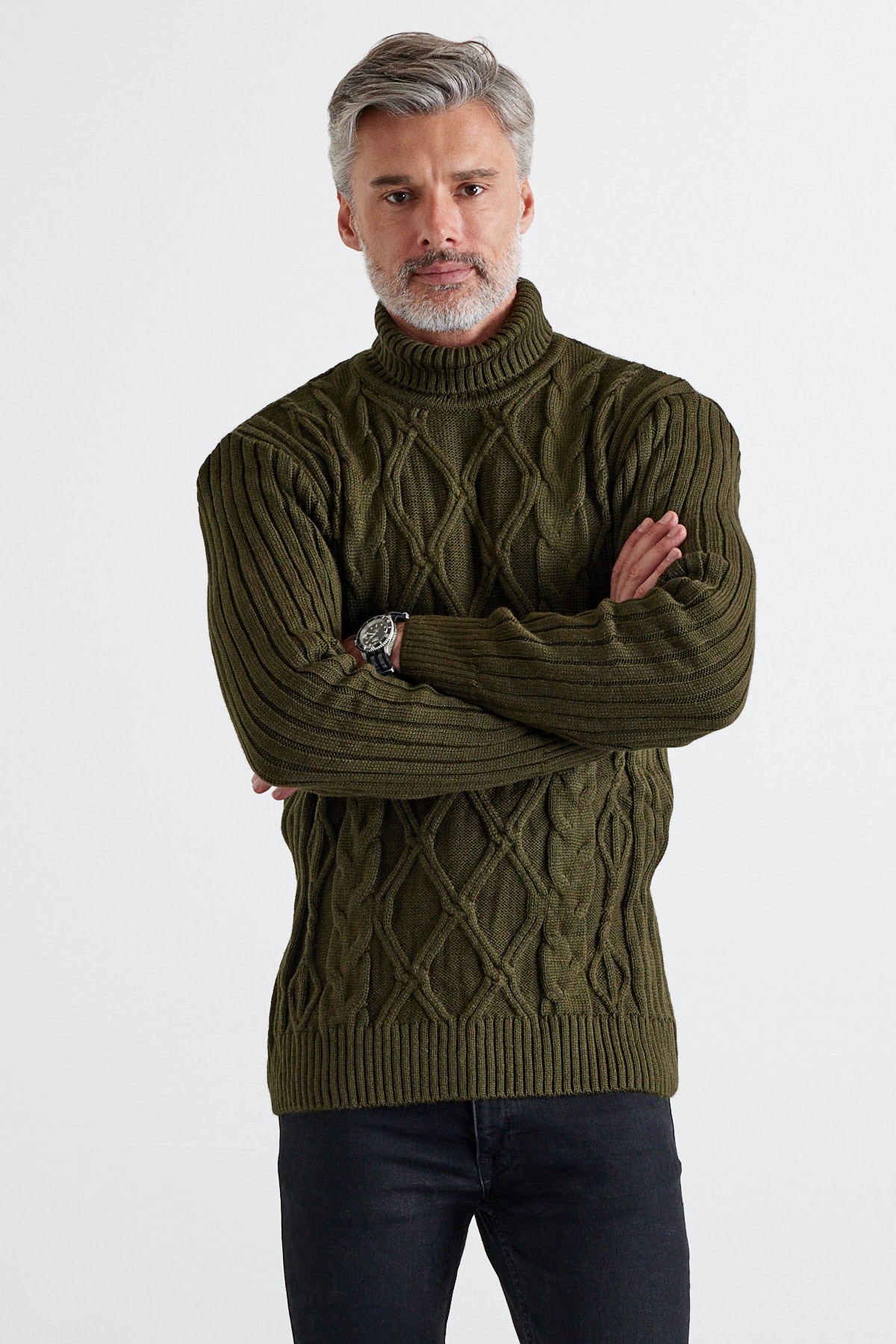 Men's Cable Knit Argyle Pattern Full Turtleneck Ribbed Thick Sweater