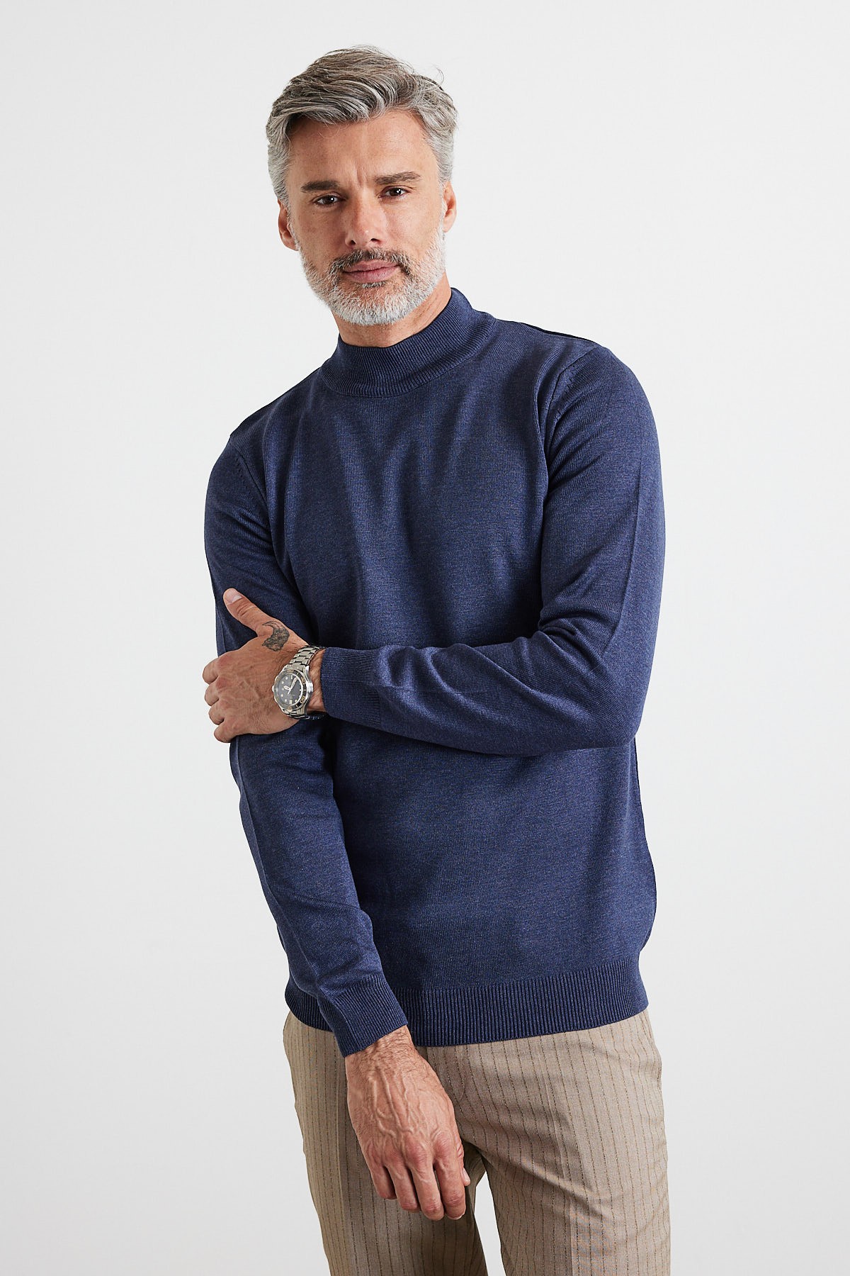 Men's Slim Fit Narrow Cut Half Fisherman's Collar Turtleneck Sweater - Aviator Color