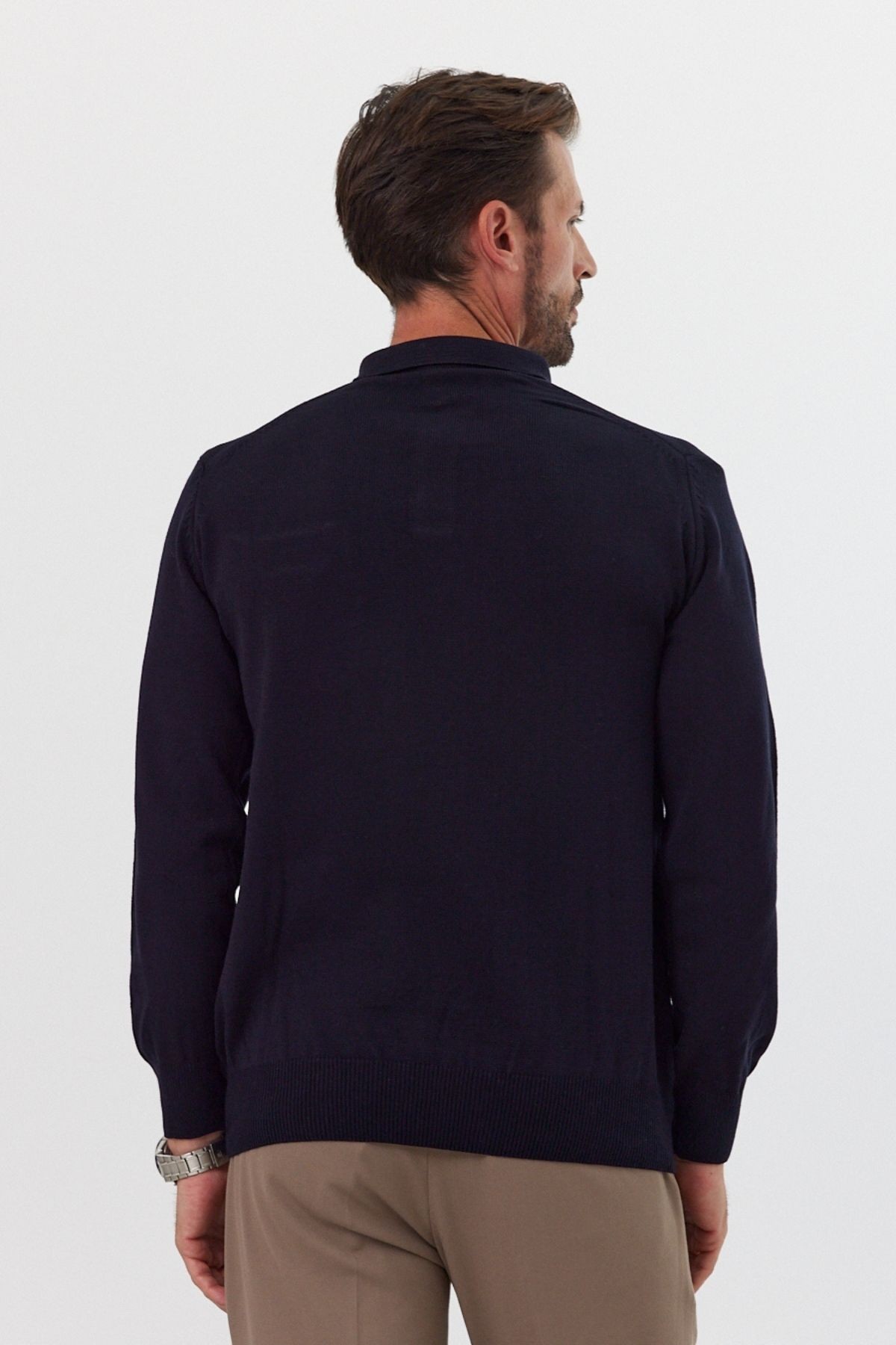 Men's Standard Fit Polo Neck Pocketed Knit Sweater - Navy blue