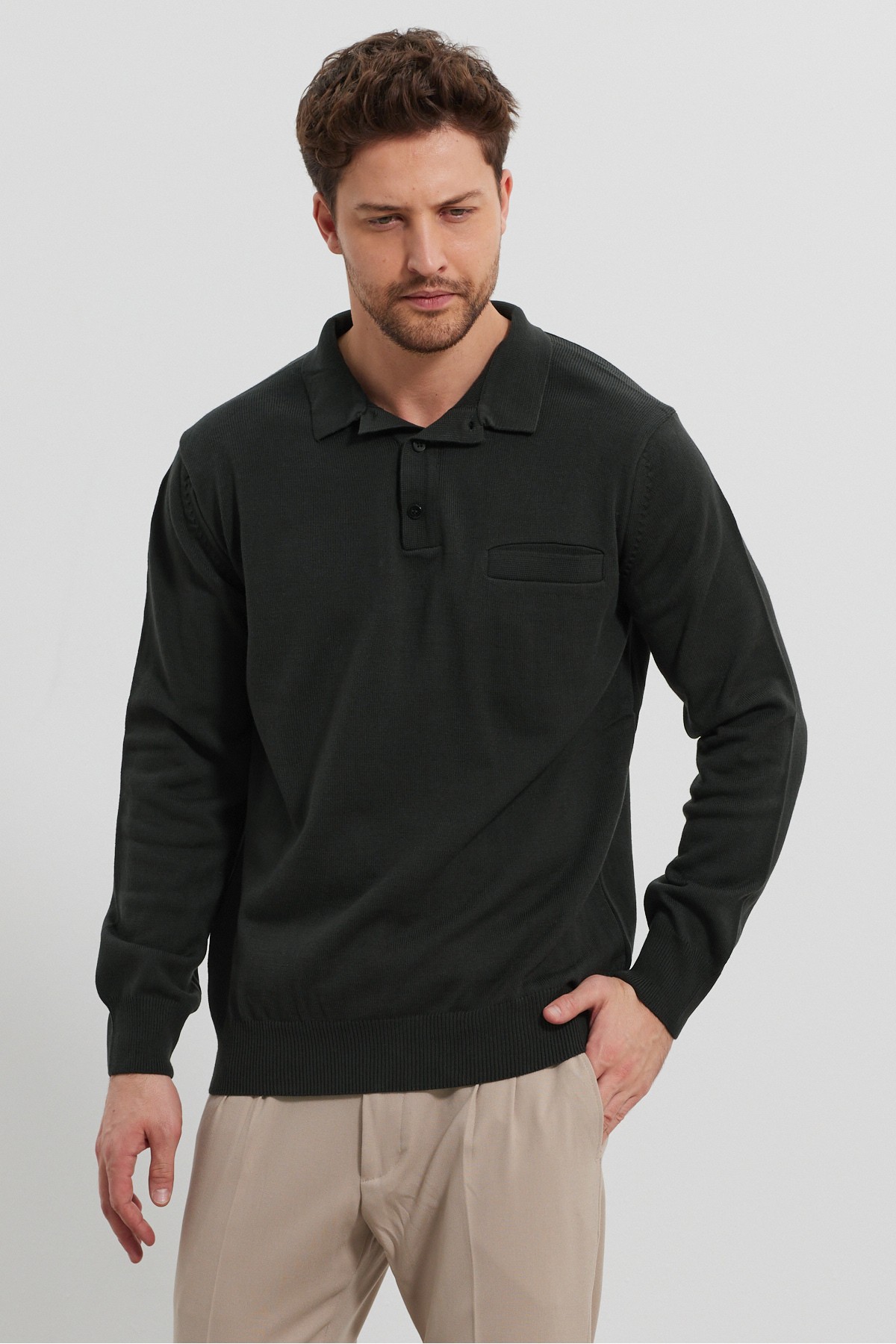 Men's Standard Fit Polo Neck Pocketed Knit Sweater - Dark Green