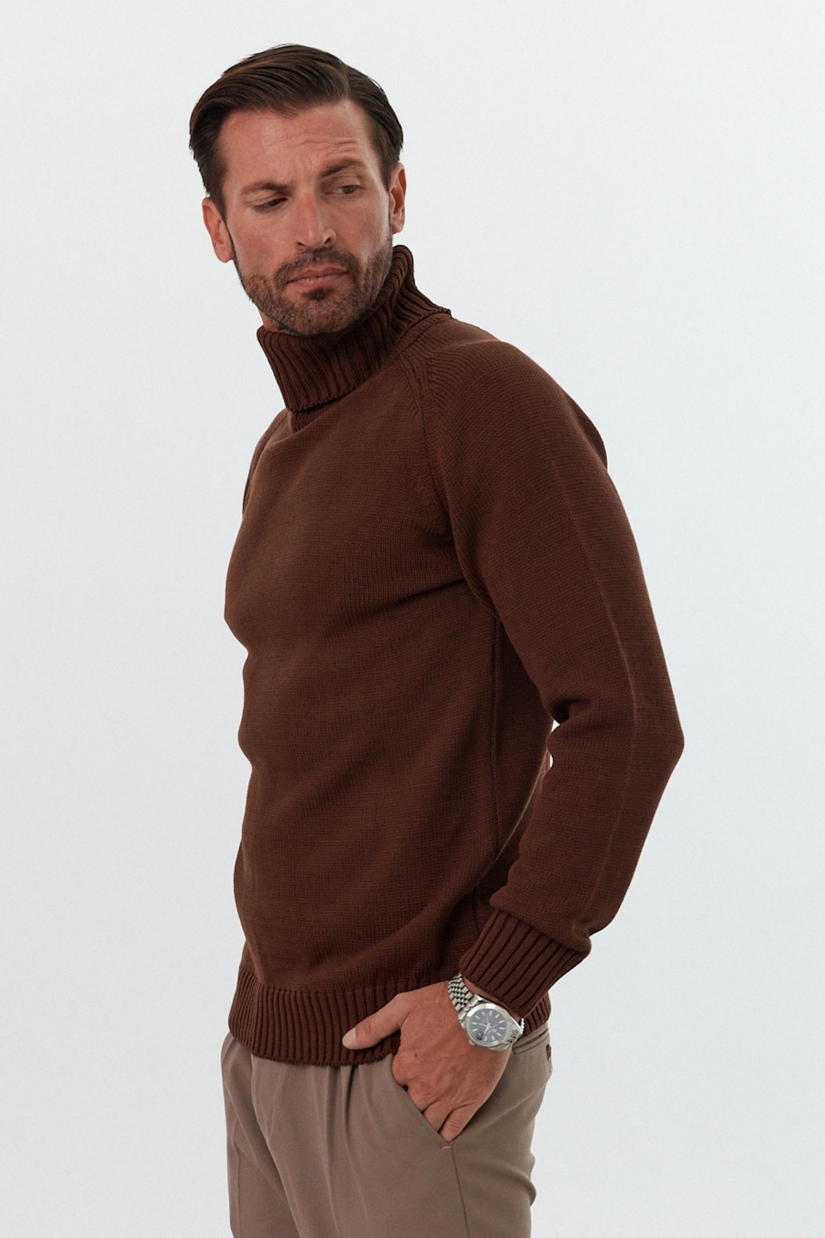 Men's Full Fisherman Thick Italian Sleeve Sweater - Brown