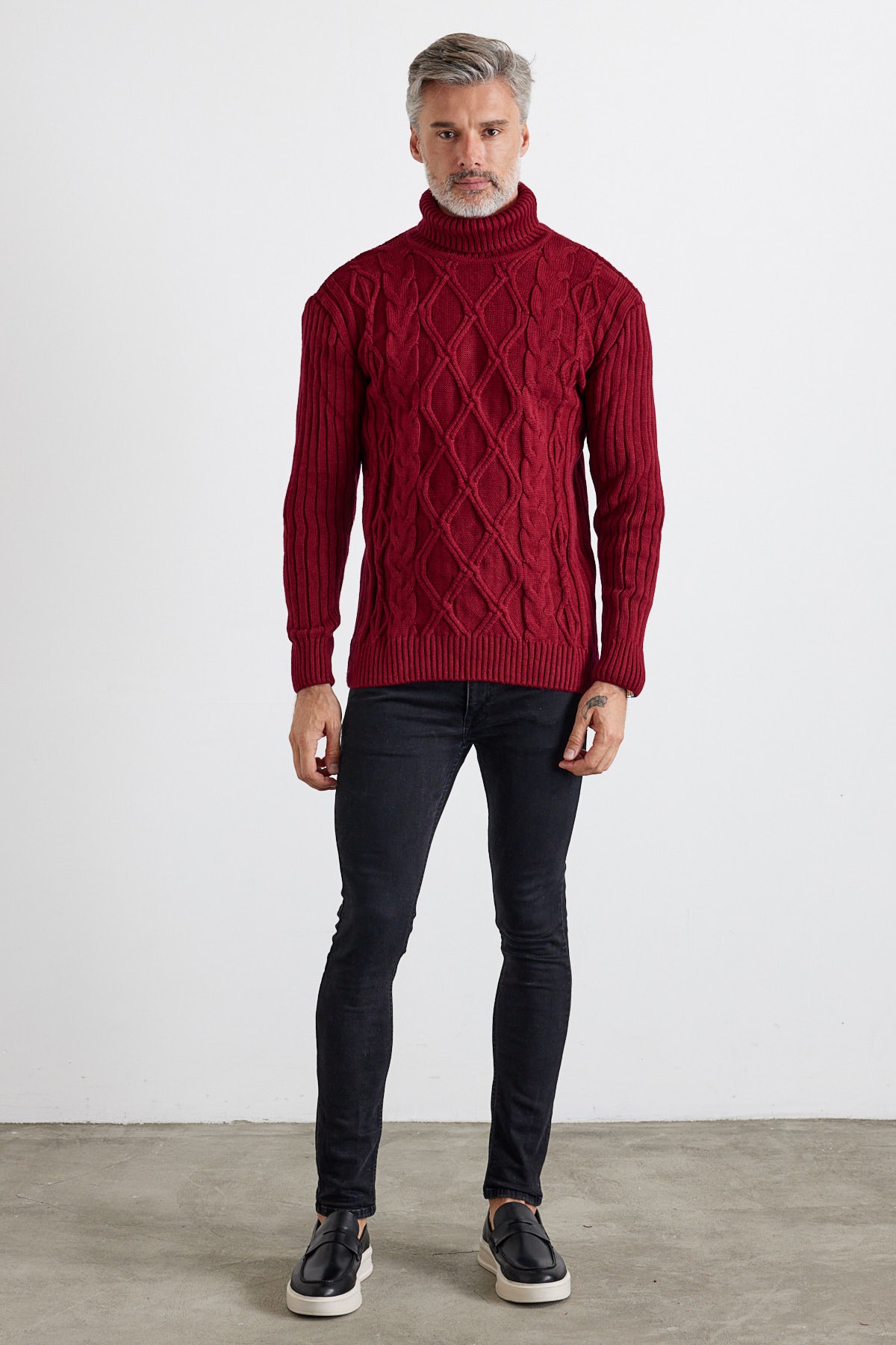 Men's Cable Knit Argyle Pattern Full Turtleneck Ribbed Thick Sweater - Maroon