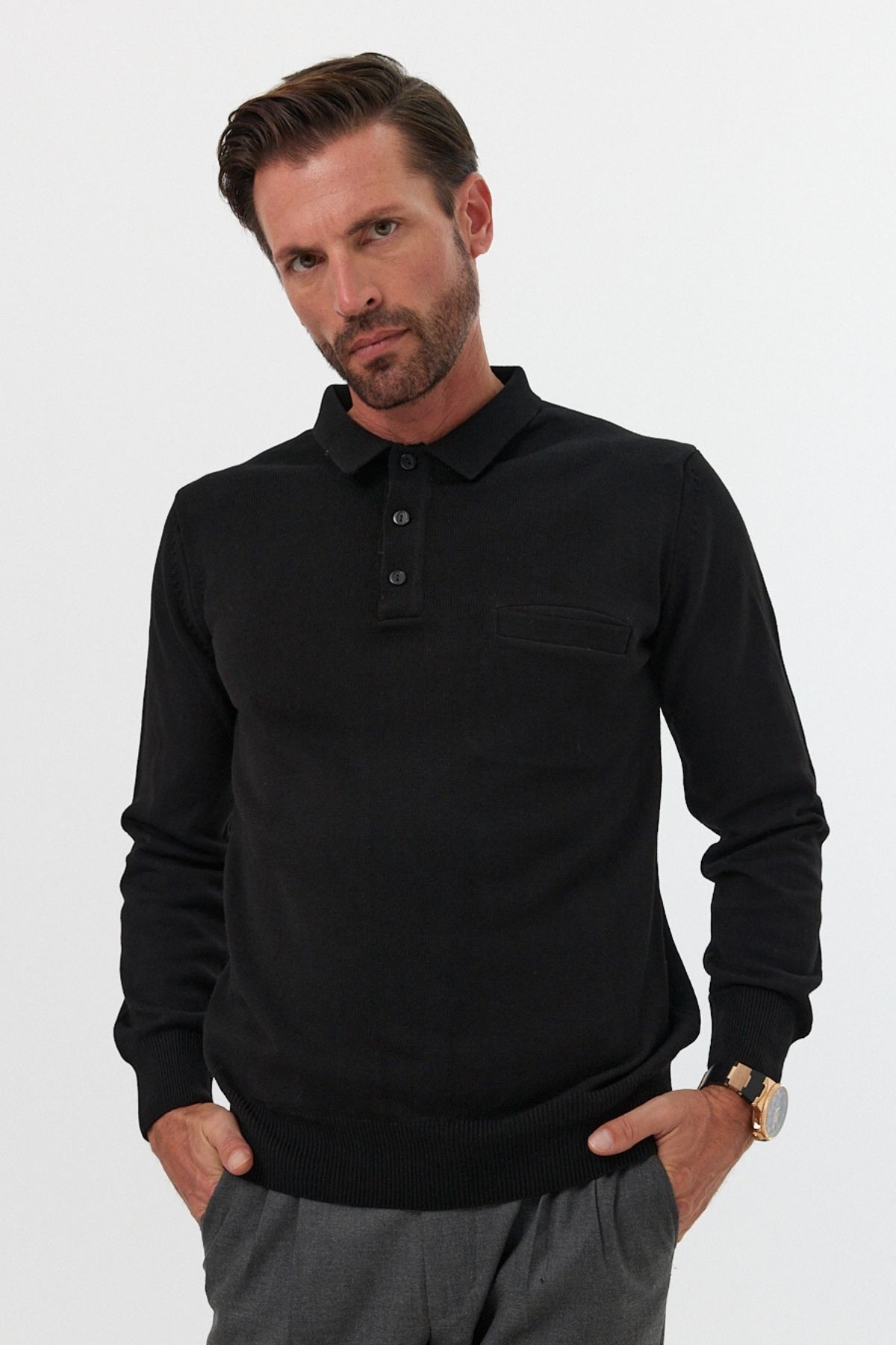 Men's Standard Fit Polo Neck Pocketed Knit Sweater - Black