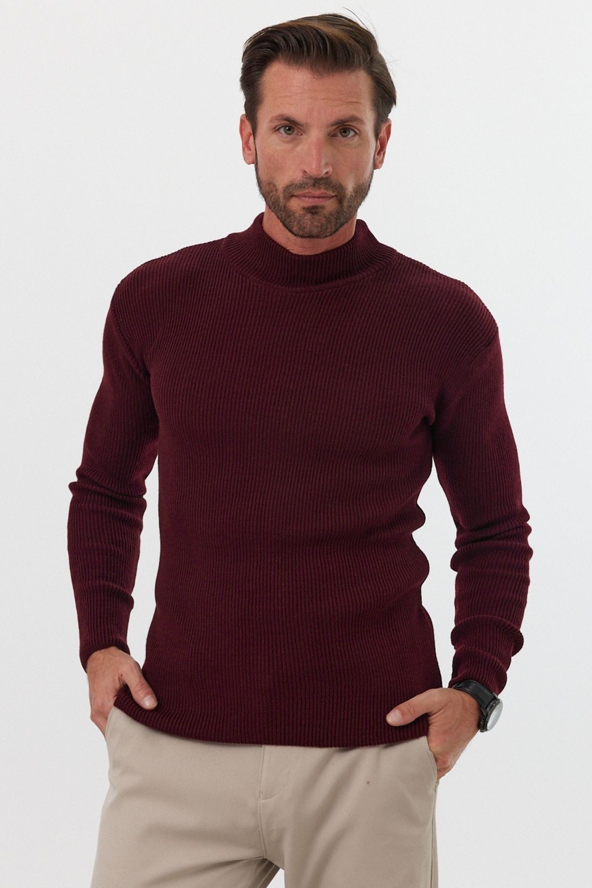 Erkek Yarım Boğazlı Balıkçı Yaka Slim Fit Triko Kazak - Bordo