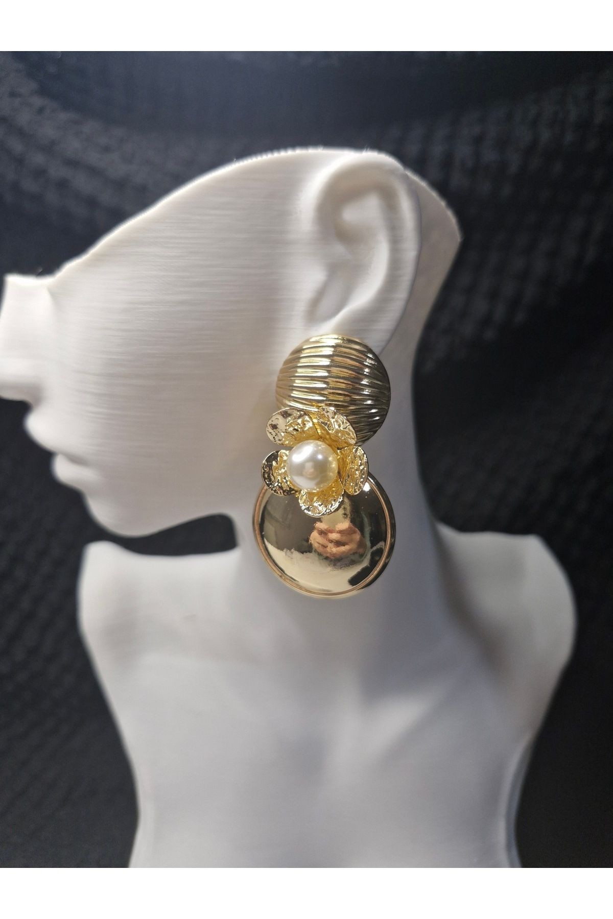 Vintage Küpe Gold İncili Çiçekli Yuvarlak Detaylı Büyük Boy