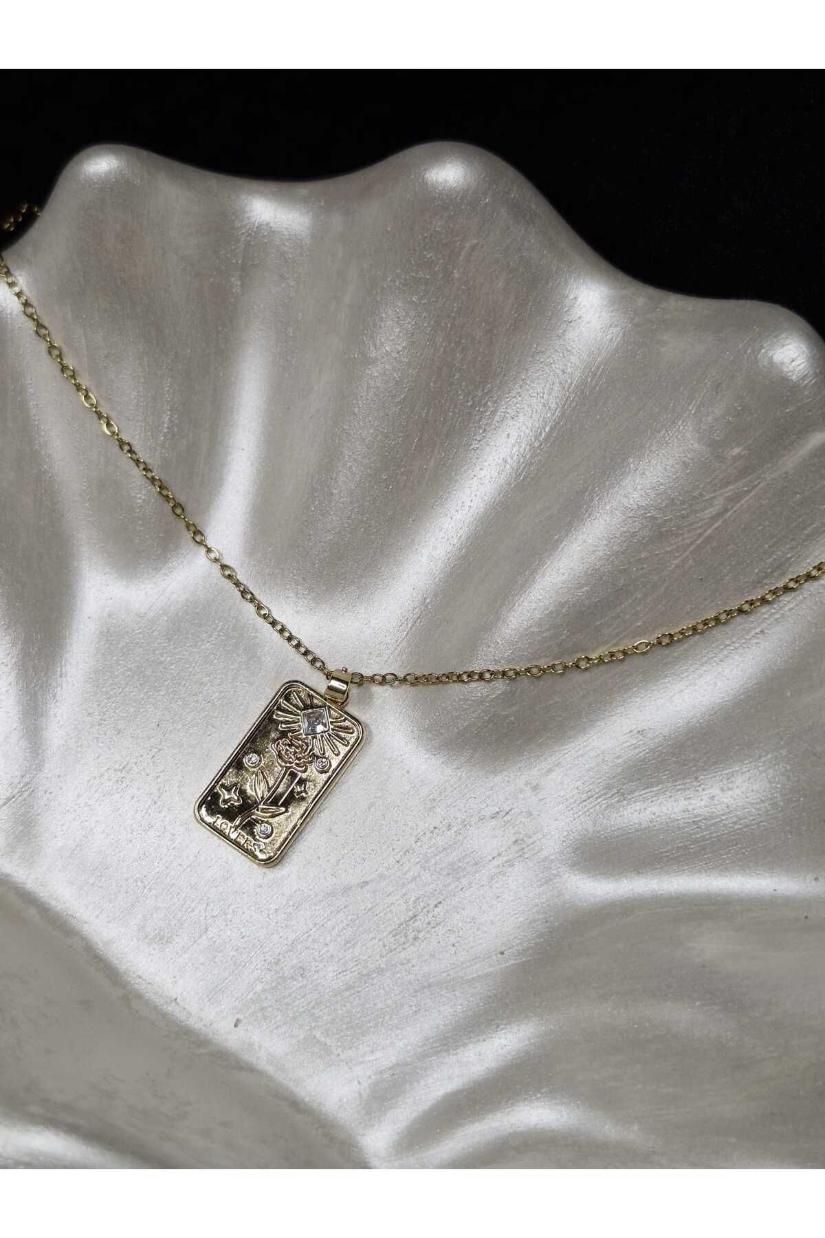 Çelik Tarot Kartı Çiçek Lovers Kolye Gold