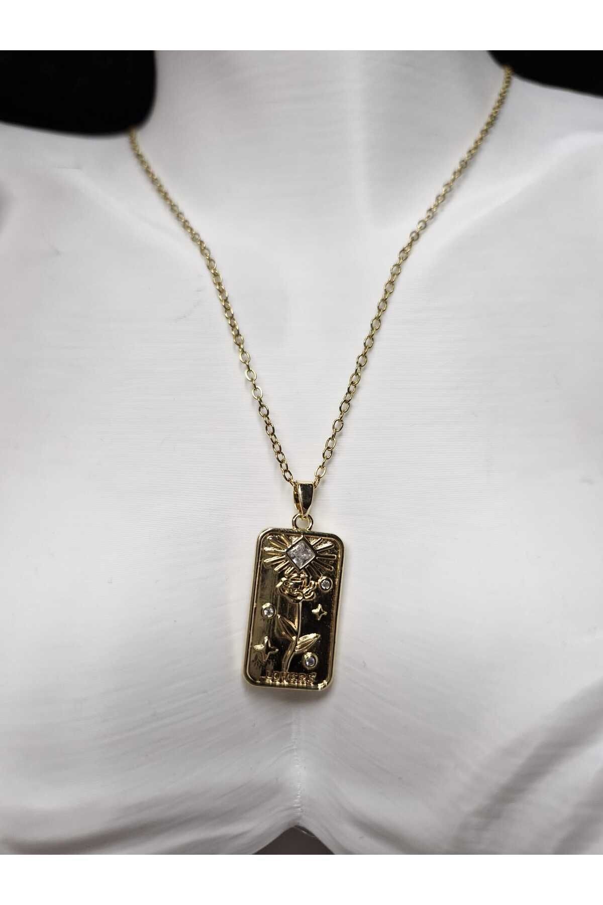 Çelik Tarot Kartı Çiçek Lovers Kolye Gold