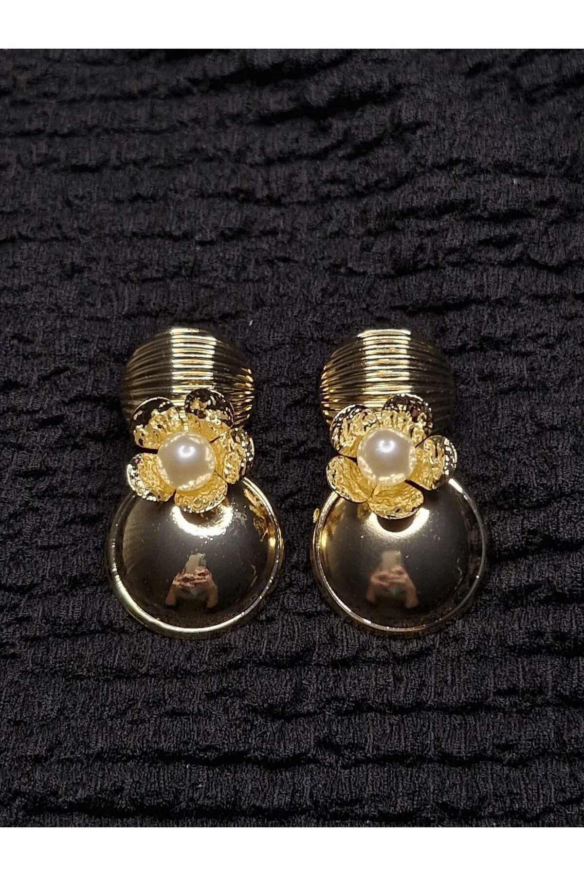 Vintage Küpe Gold İncili Çiçekli Yuvarlak Detaylı Büyük Boy