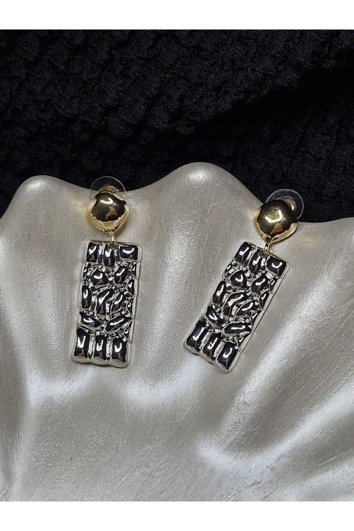Çelik Vintage Gold Gümüş Renkli Sallantılı Geometrik Küpe