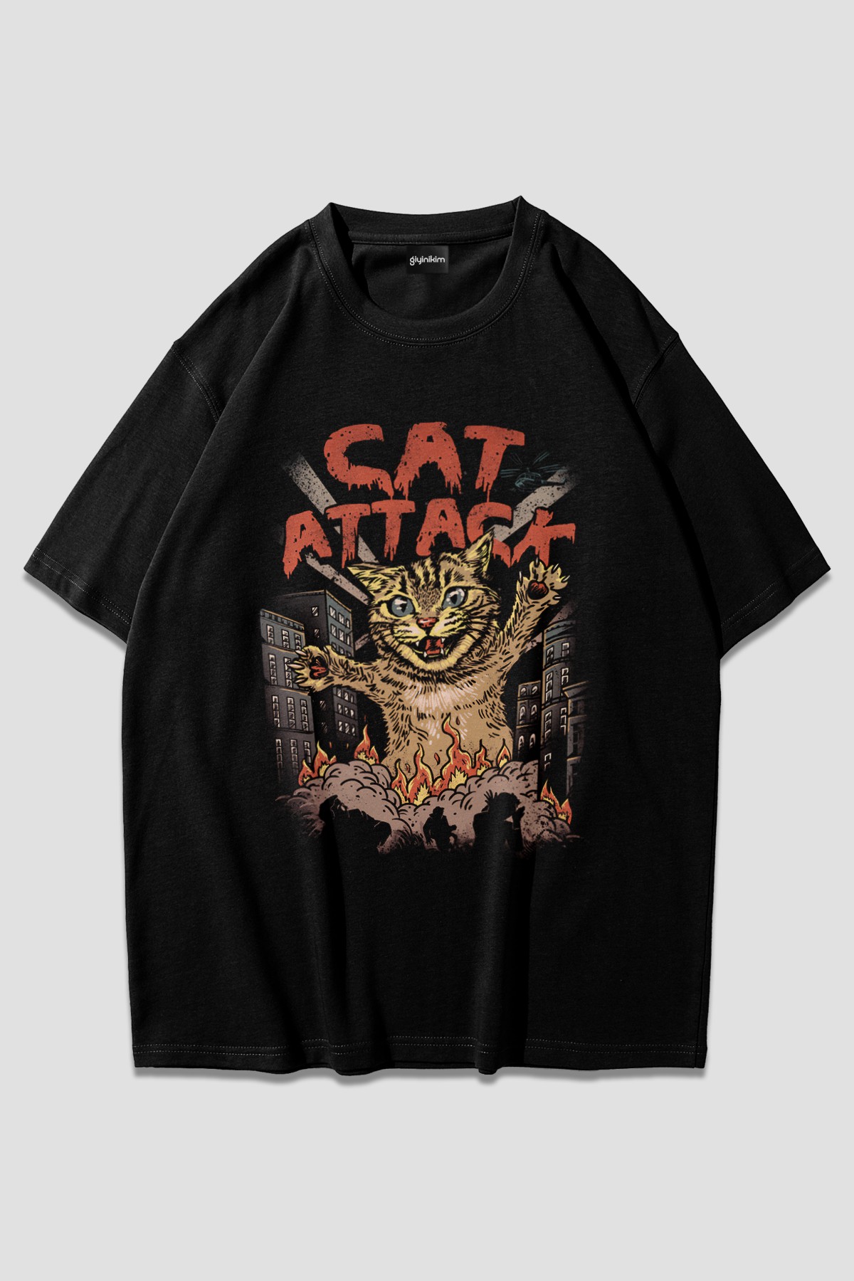 Cat Attack Siyah Oversize T-Shirt