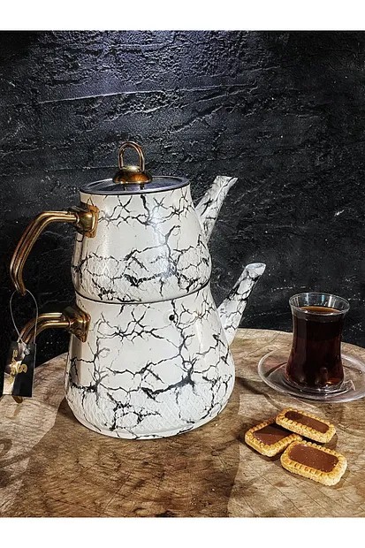 Sara Mermer Desenli Granit Çaydanlık - Beyaz Renk
