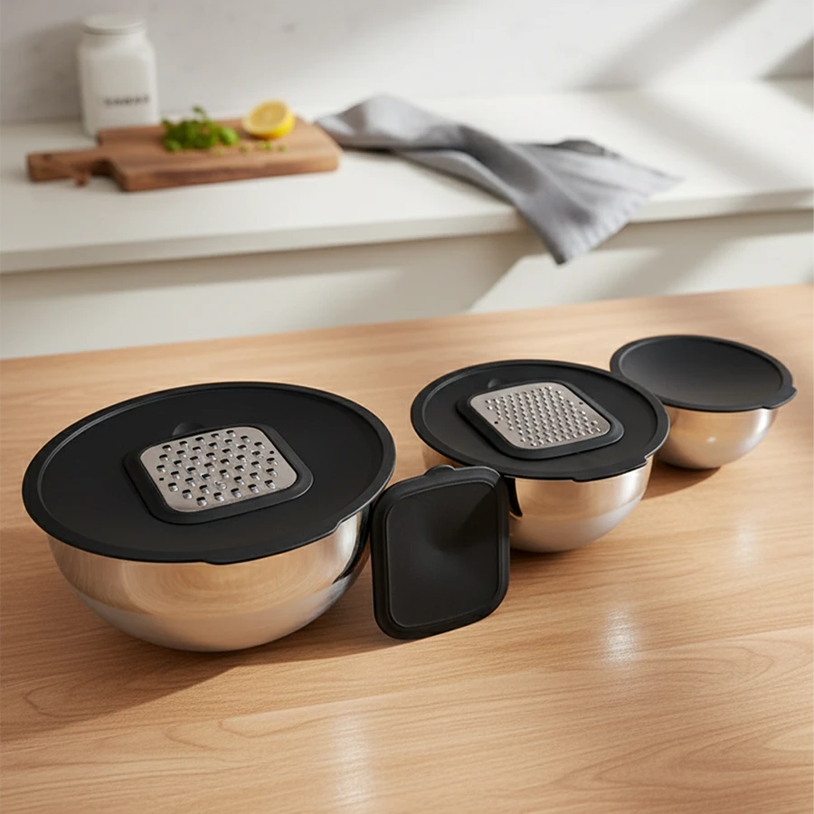 3'lü Paslanmaz Çelik Rende Aparatlı Karıştırma Kabı Seti 16-20-24 cm