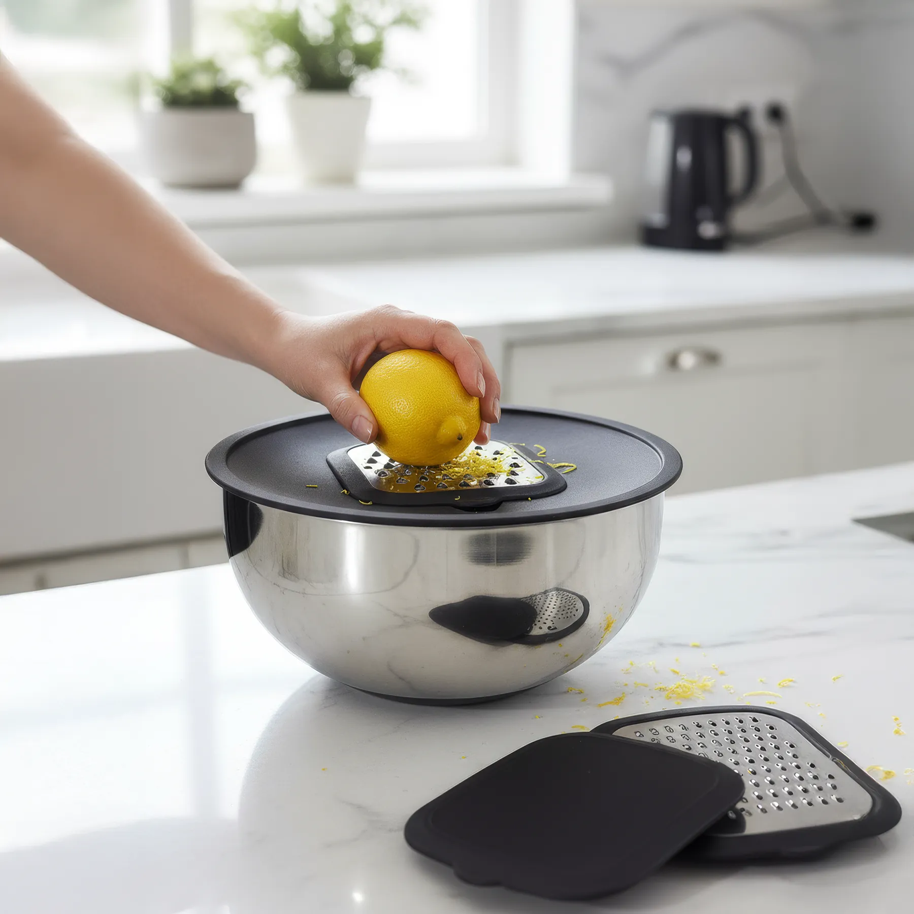 24 cm Çelik Karıştırma Kabı Kapaklı & Rende Aparatlı