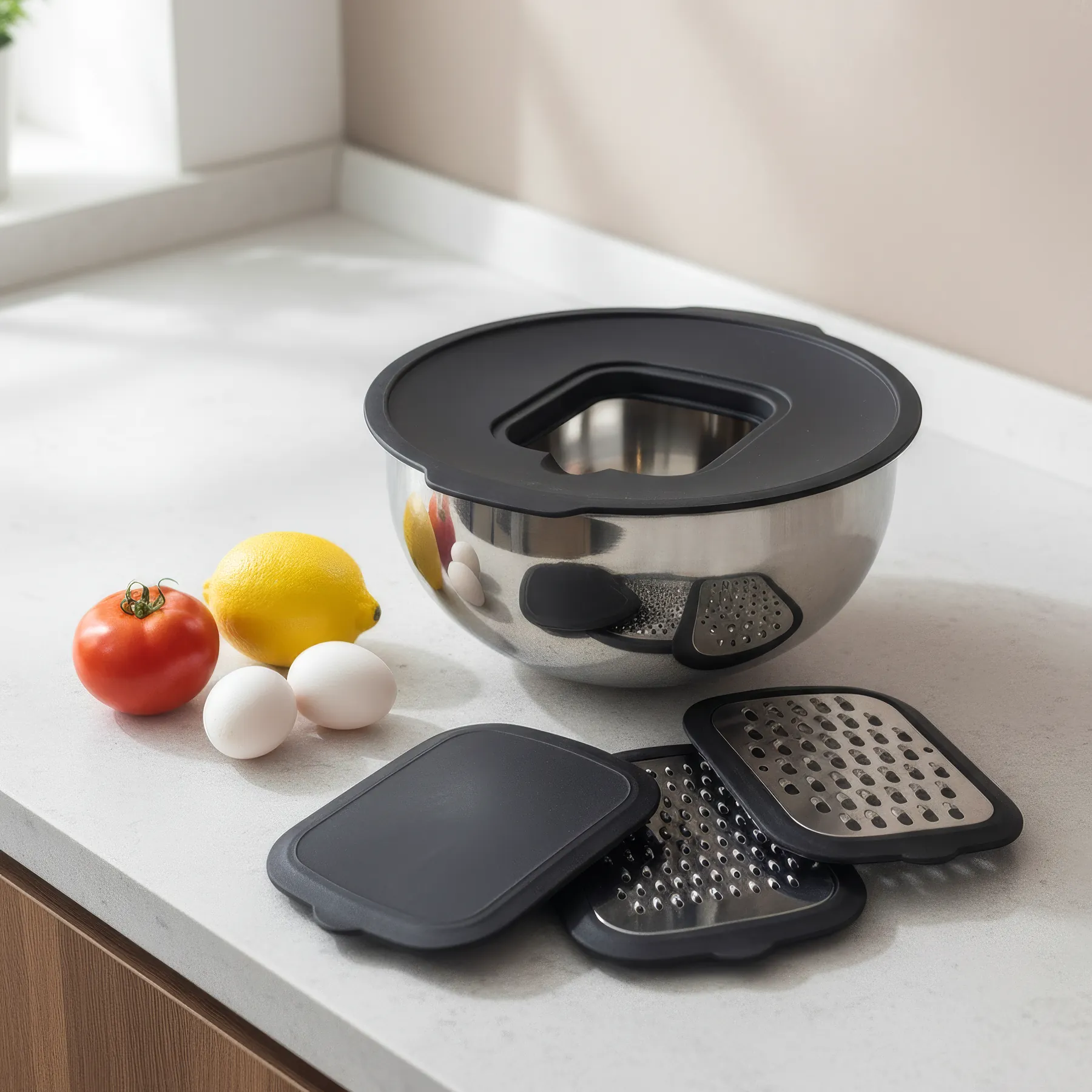 24 cm Çelik Karıştırma Kabı Kapaklı & Rende Aparatlı