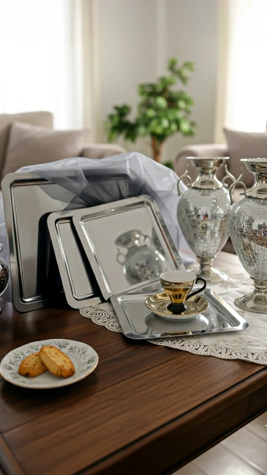 Kare Paslanmaz Çelik Gümüş Renk 22x22cm Sunum Tepsisi - 12 Adet