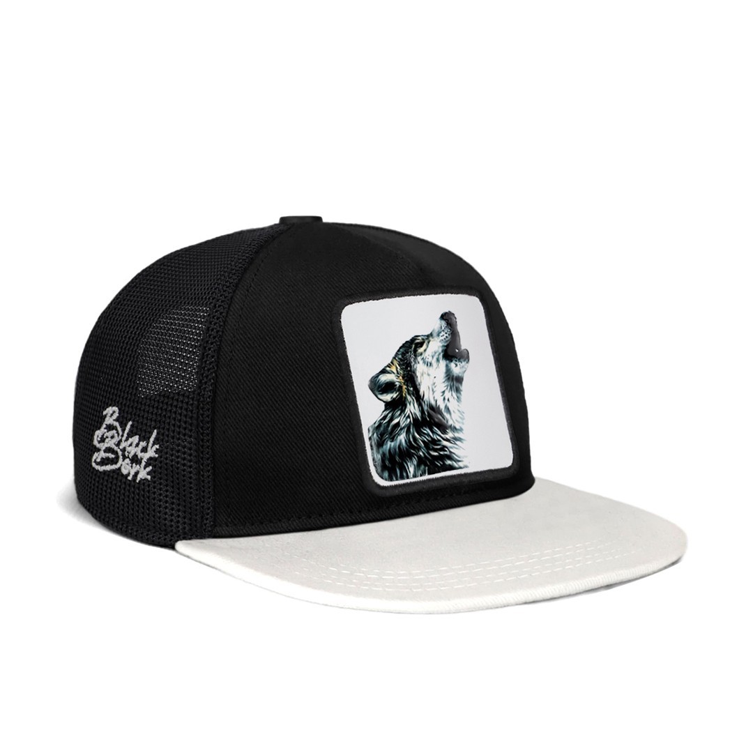 Black-White Peaked Kids Cap - Wolf - with 2 Code Logo