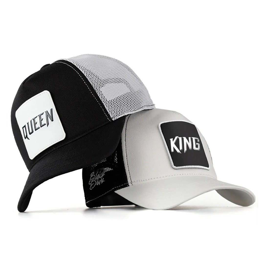 White-Black Couple's Cap - King & Queen - 1 / 2 With Code Logo