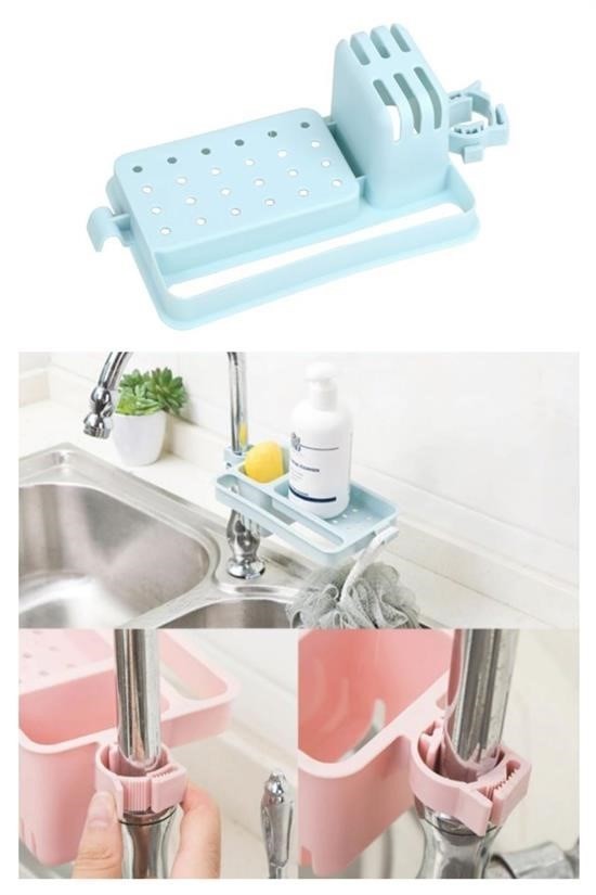 BUFFER® Musluğa Takılan Sünger Havlu Askılı Sabun Hazneli mutfak Banyo Lavabo Düzenleyici Organizer