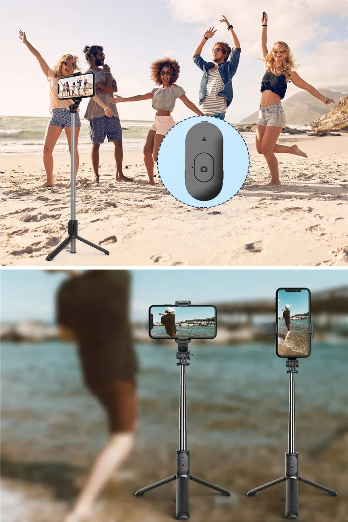 BUFFER® Masaüstü Tripod Olabilen Telefon Tutuculu Kablosuz Kumandalı Selfie Çubuğu