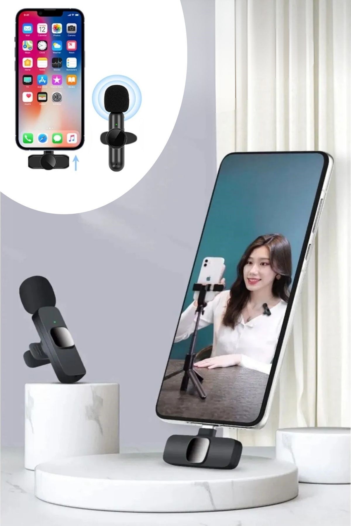 BUFFER® Type C Uyumlu İphone Dönüştürücülü Kablosuz Yaka Mikrofonu Android ve İphone Uyumlu Mini Mikrofon