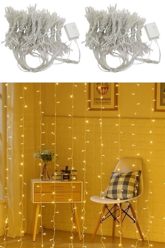 BUFFER® 8 Fonksiyonlu 200 Led 10 Saçak Şerit Led 2x2 Perde İp Led  (Gün Işığı)