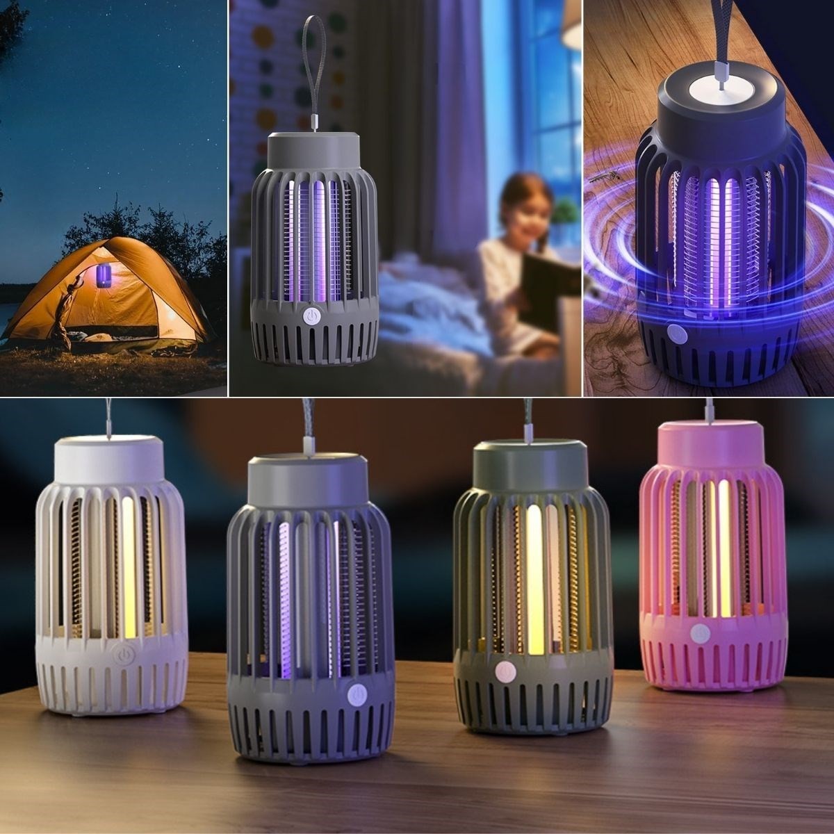 BUFFER® 2'si 1 Arada Şarjlı,Mor UV Işıklı Sinek Öldürme Aparatı ve  Kamp Tipi Askılı Gece Lambası